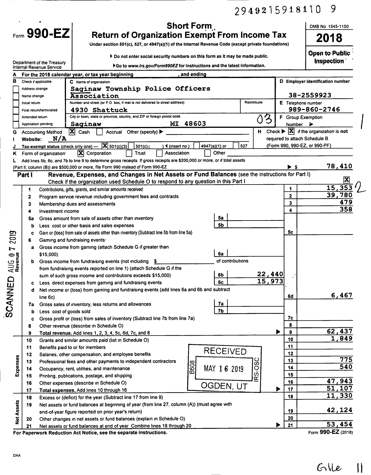 Image of first page of 2018 Form 990EZ for Saginaw Township Police Officers Association