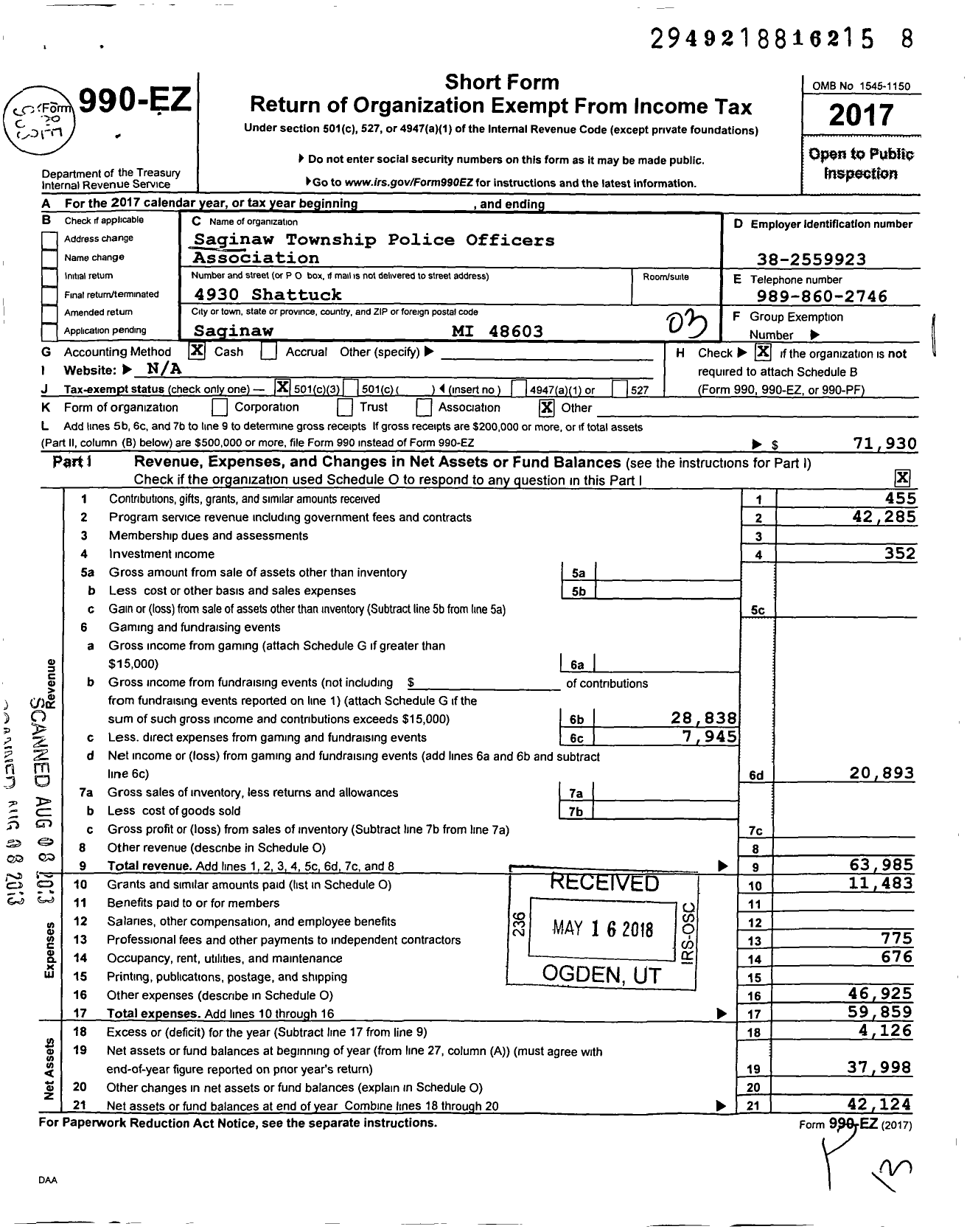 Image of first page of 2017 Form 990EZ for Saginaw Township Police Officers Association