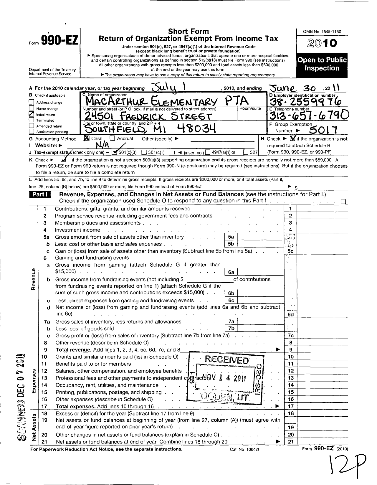 Image of first page of 2010 Form 990EZ for Ptsa Michigan Congress of Parents Teachers and Students / Macarthur PTA