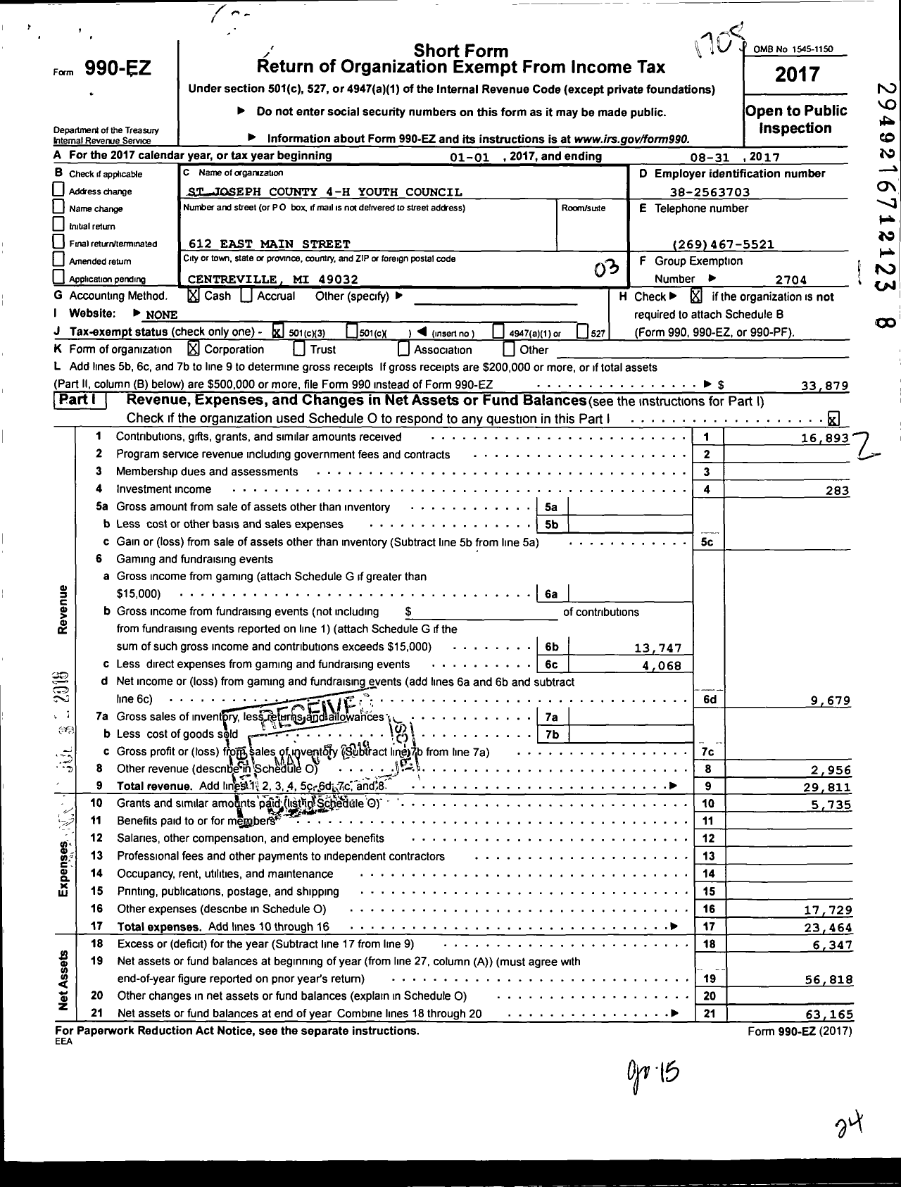 Image of first page of 2016 Form 990EZ for Michigan State University / St Joseph County 4-H Youth Council