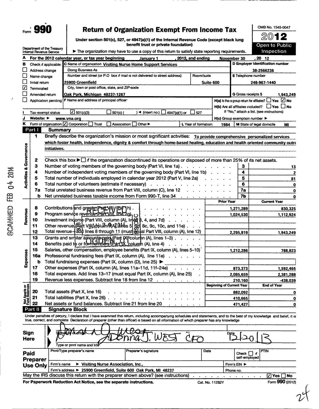 Image of first page of 2011 Form 990 for Visiting Nurse Home Support Services