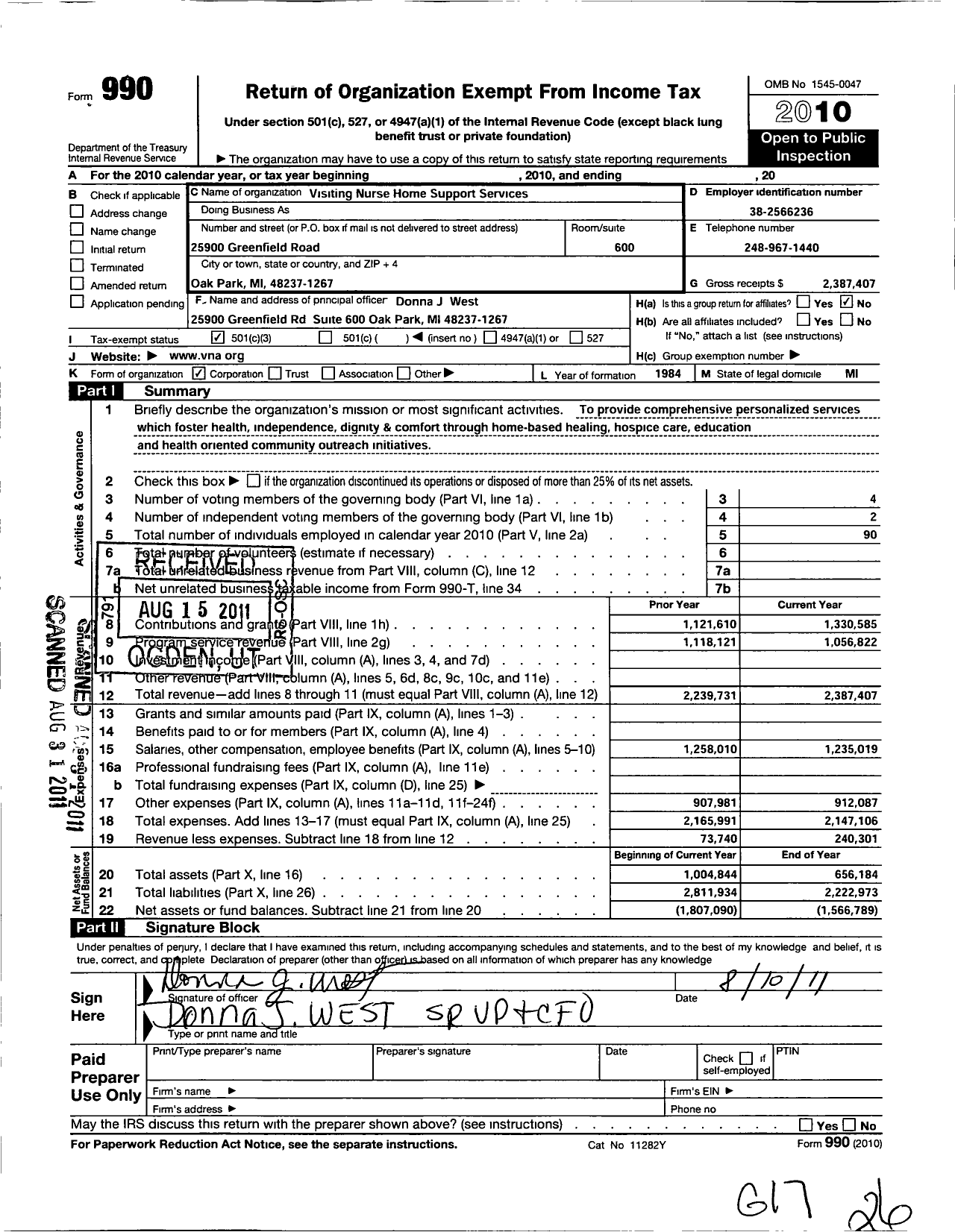 Image of first page of 2010 Form 990 for Visiting Nurse Home Support Services