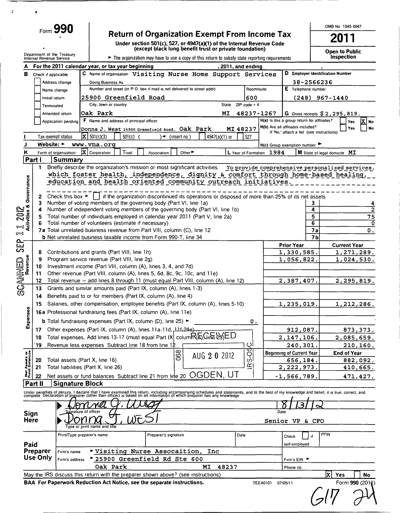 Image of first page of 2011 Form 990 for Visiting Nurse Home Support Services