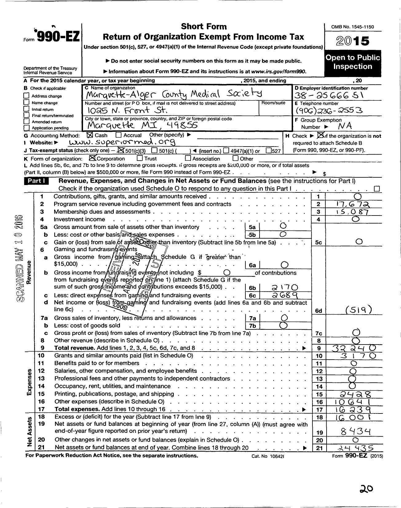 Image of first page of 2015 Form 990EZ for Michigan State Medical Society / Marquette-Alger County Medical Soc