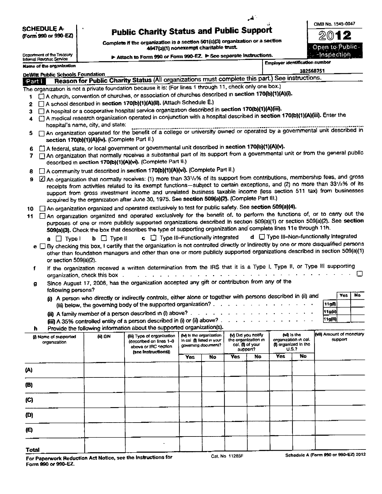 Image of first page of 2011 Form 990ER for Dewitt Public Schools Foundation