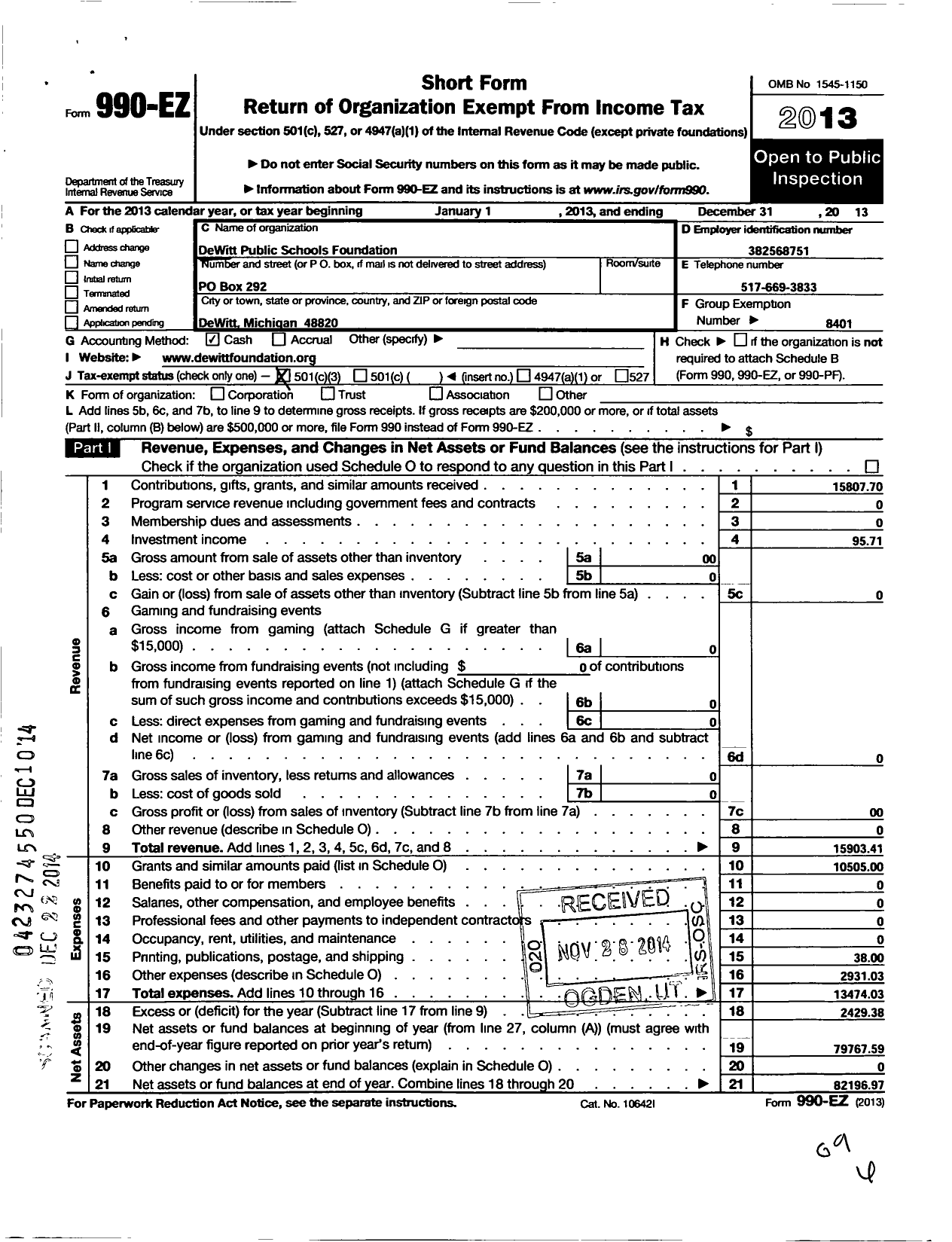 Image of first page of 2013 Form 990EZ for Dewitt Public Schools Foundation