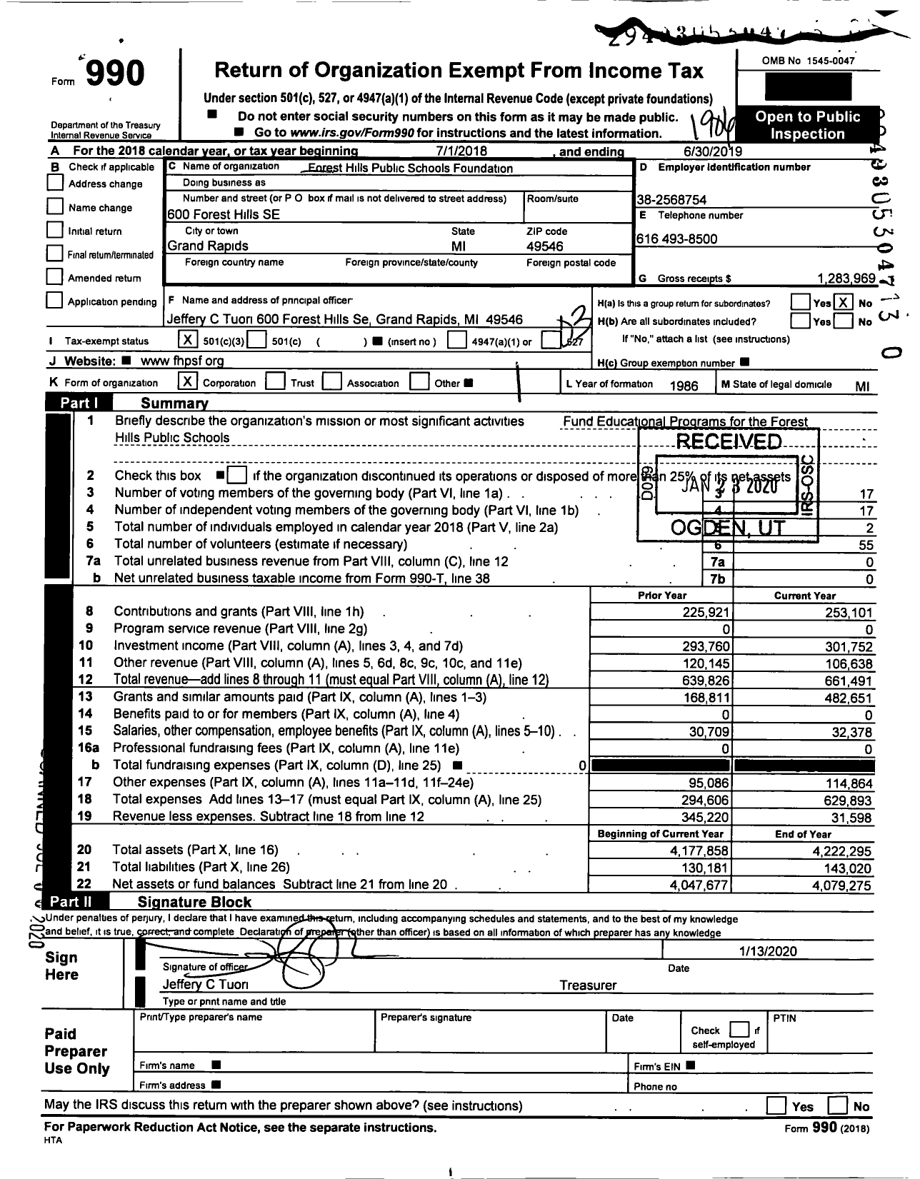 Image of first page of 2018 Form 990 for Forest Hills Public Schools Foundation