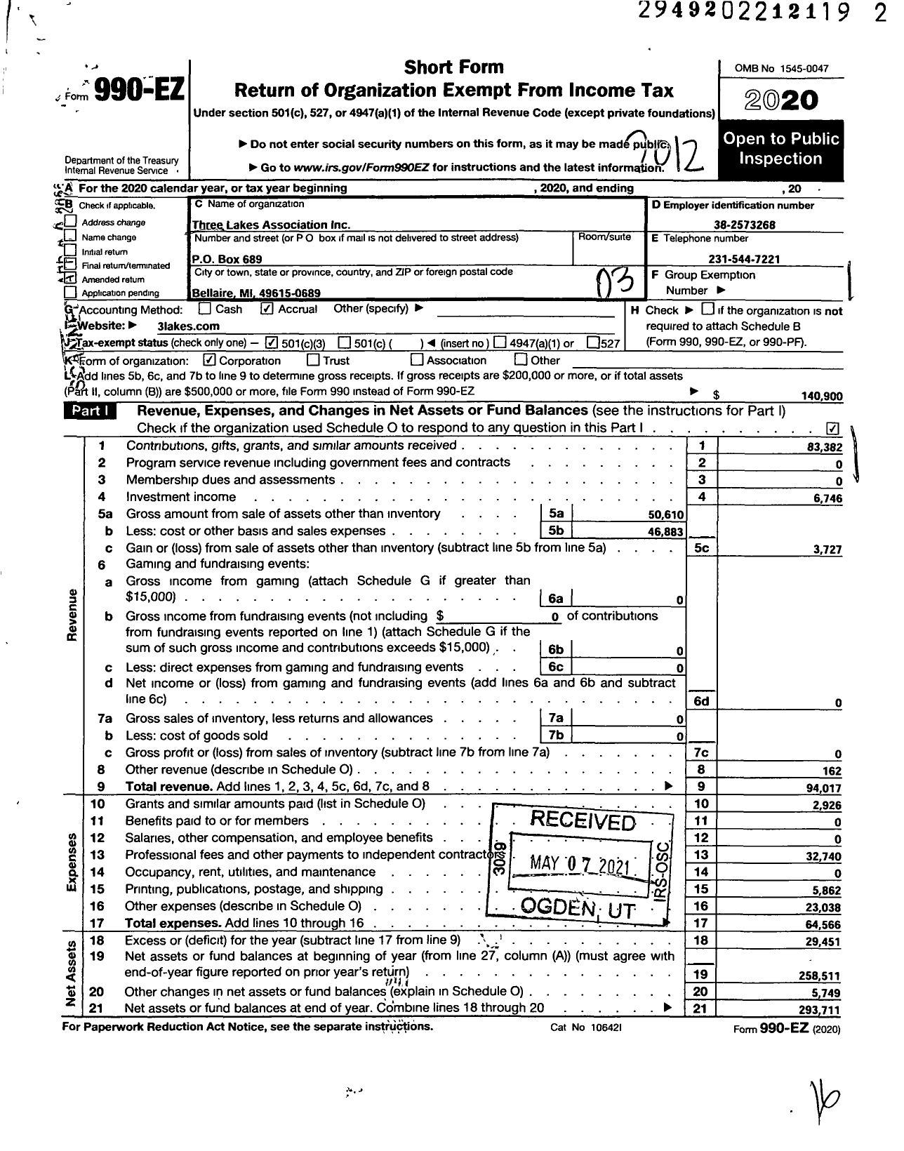 Image of first page of 2020 Form 990EZ for Three Lakes Association