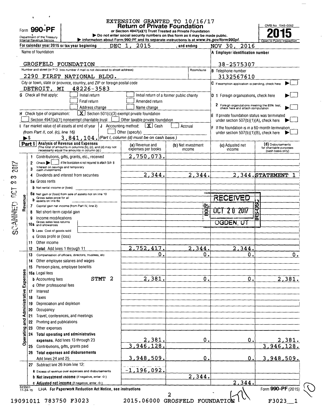 Image of first page of 2015 Form 990PF for Grosfeld Foundation