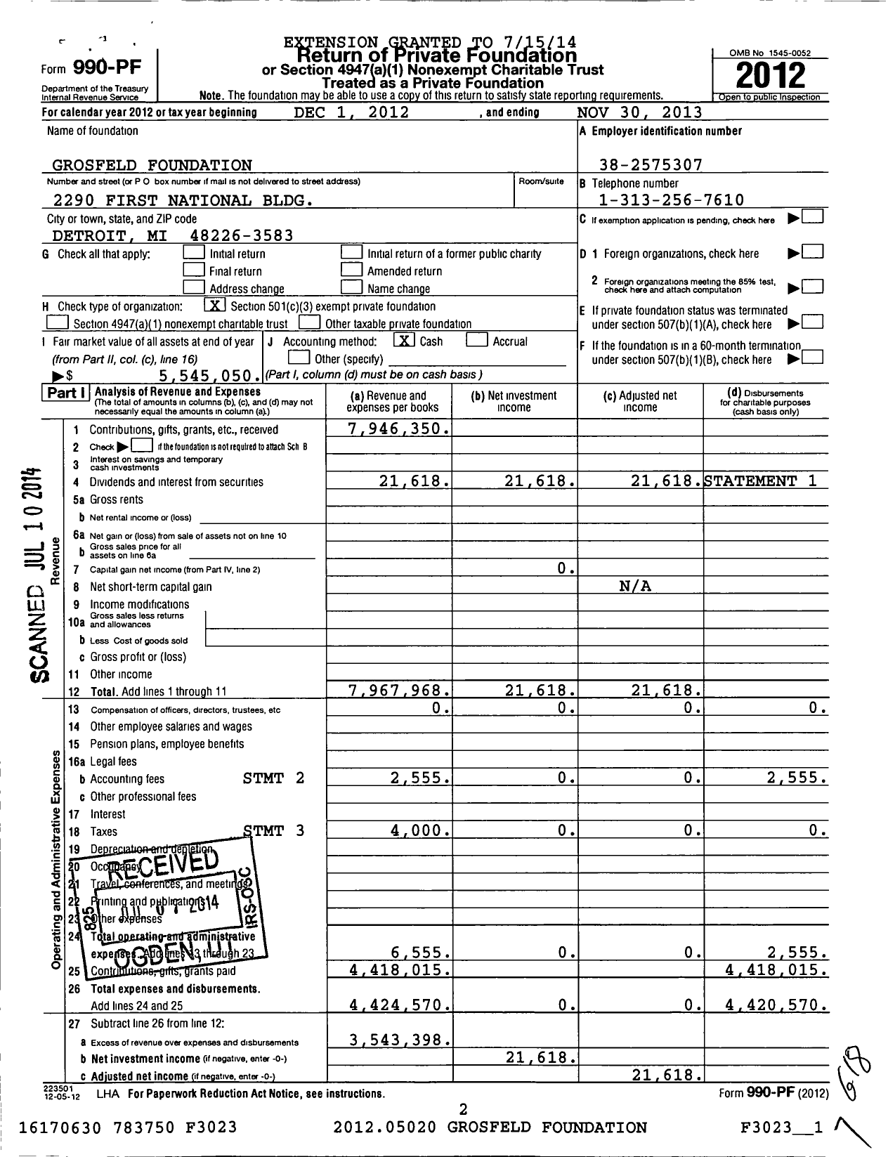 Image of first page of 2012 Form 990PF for Grosfeld Foundation