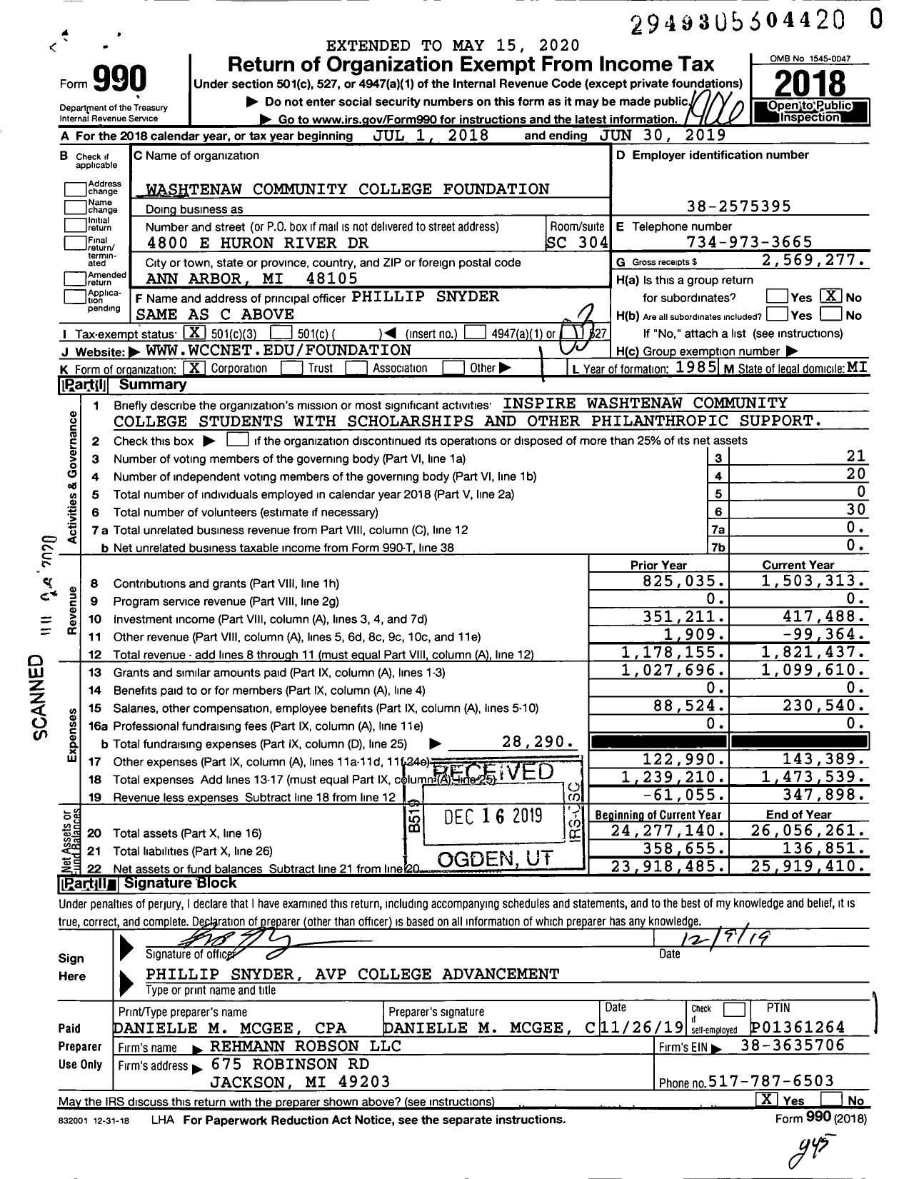 Image of first page of 2018 Form 990 for Washtenaw Community College Foundation