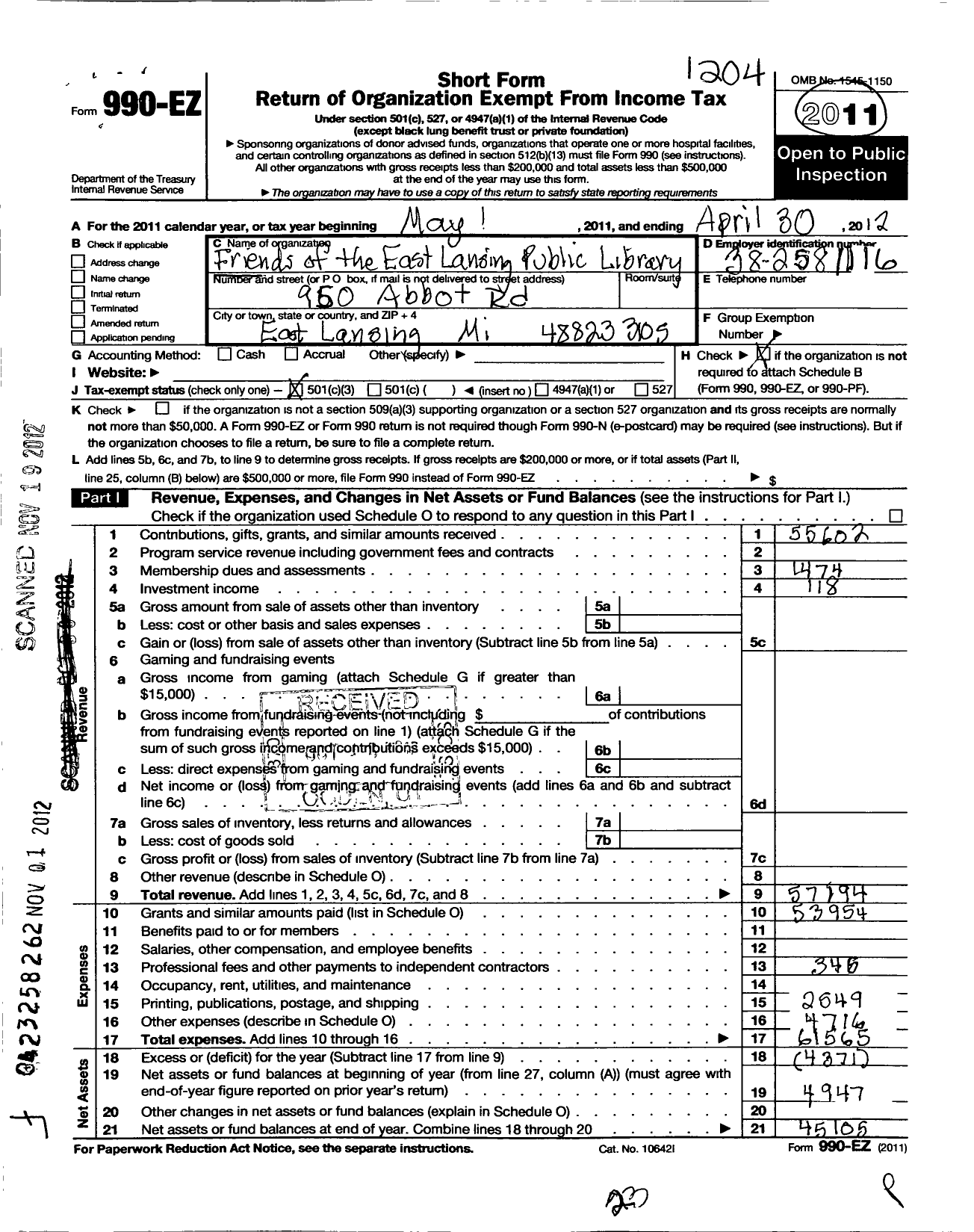 Image of first page of 2011 Form 990EZ for Friends of the East Lansing Public Library