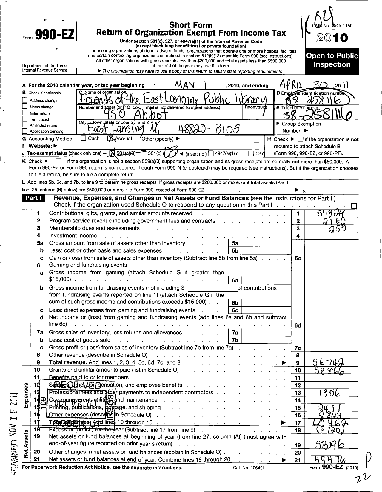 Image of first page of 2010 Form 990EZ for Friends of the East Lansing Public Library