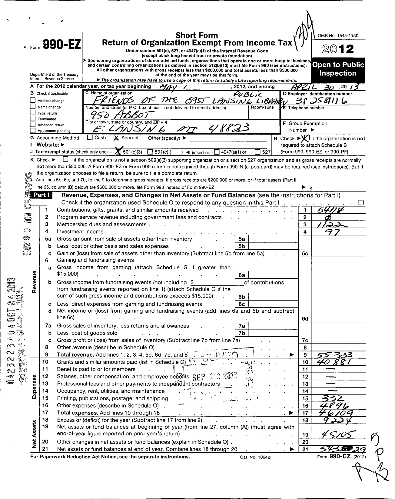 Image of first page of 2012 Form 990EZ for Friends of the East Lansing Public Library