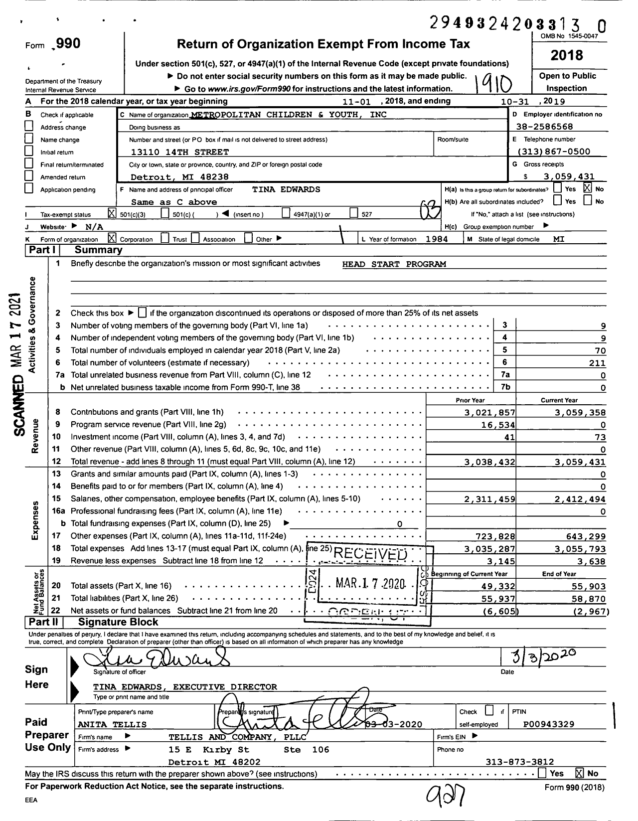 Image of first page of 2018 Form 990 for Metropolitan Children and Youth