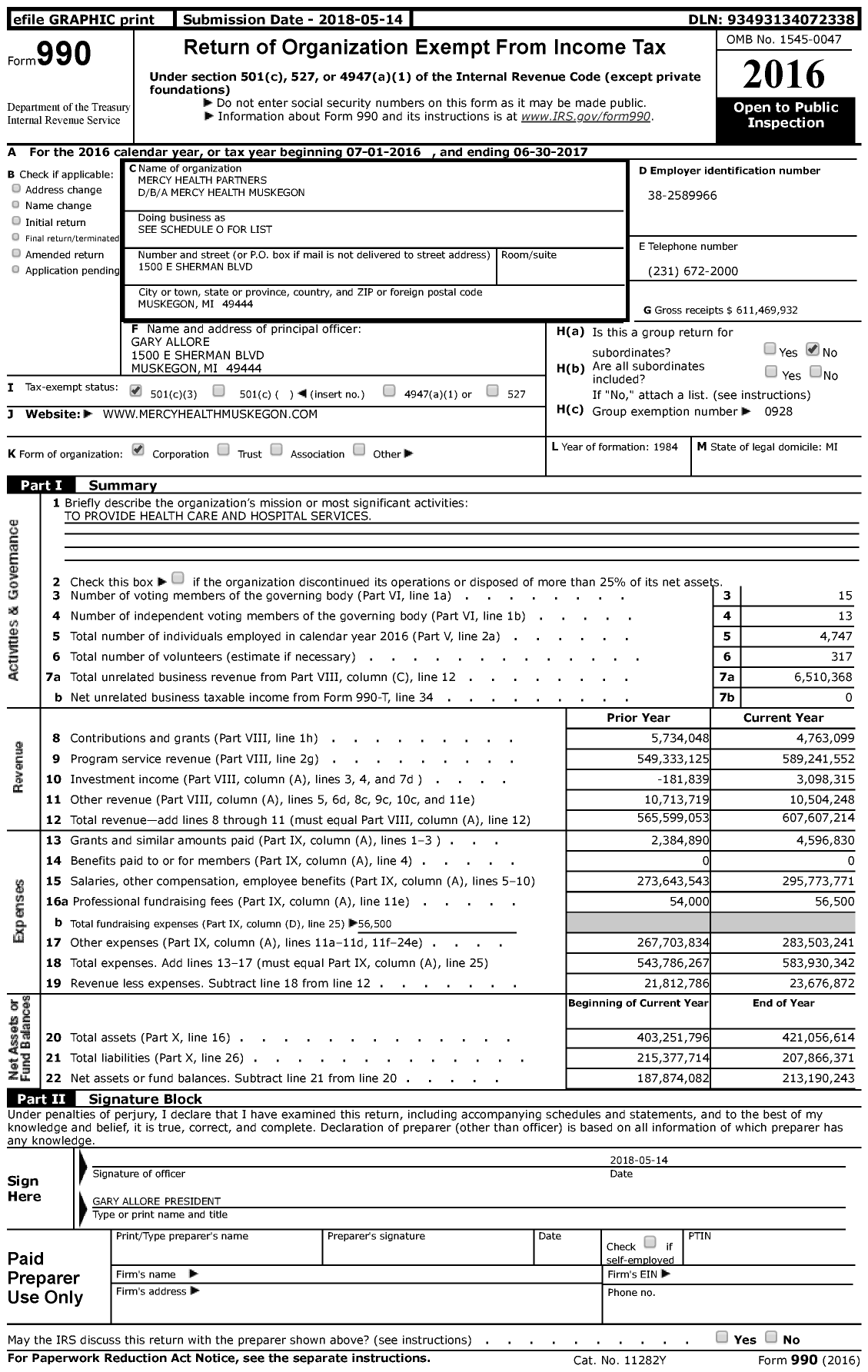 Image of first page of 2016 Form 990 for Mercy Health Partners
