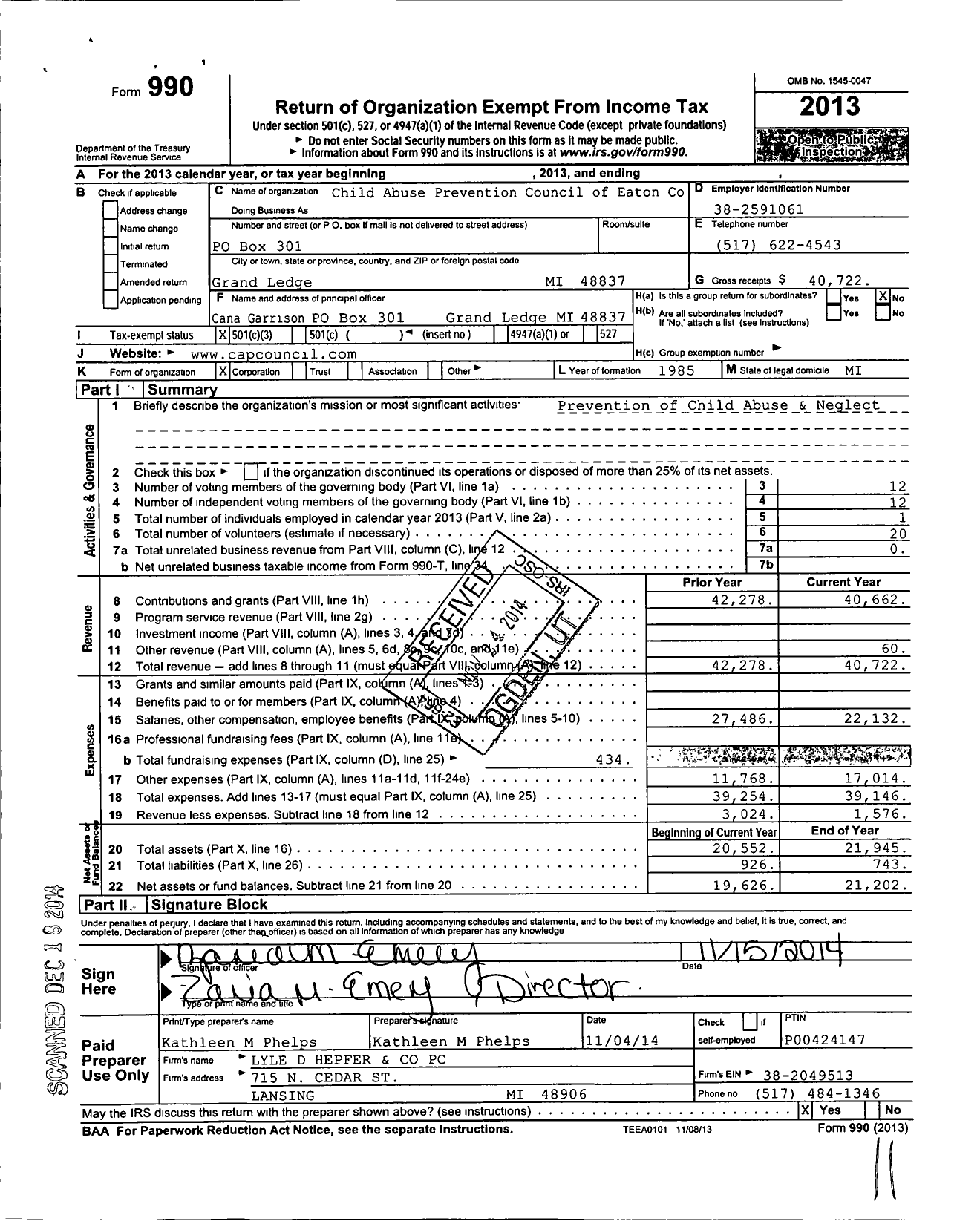 Image of first page of 2013 Form 990 for Child Abuse Prevention Council of Eaton County