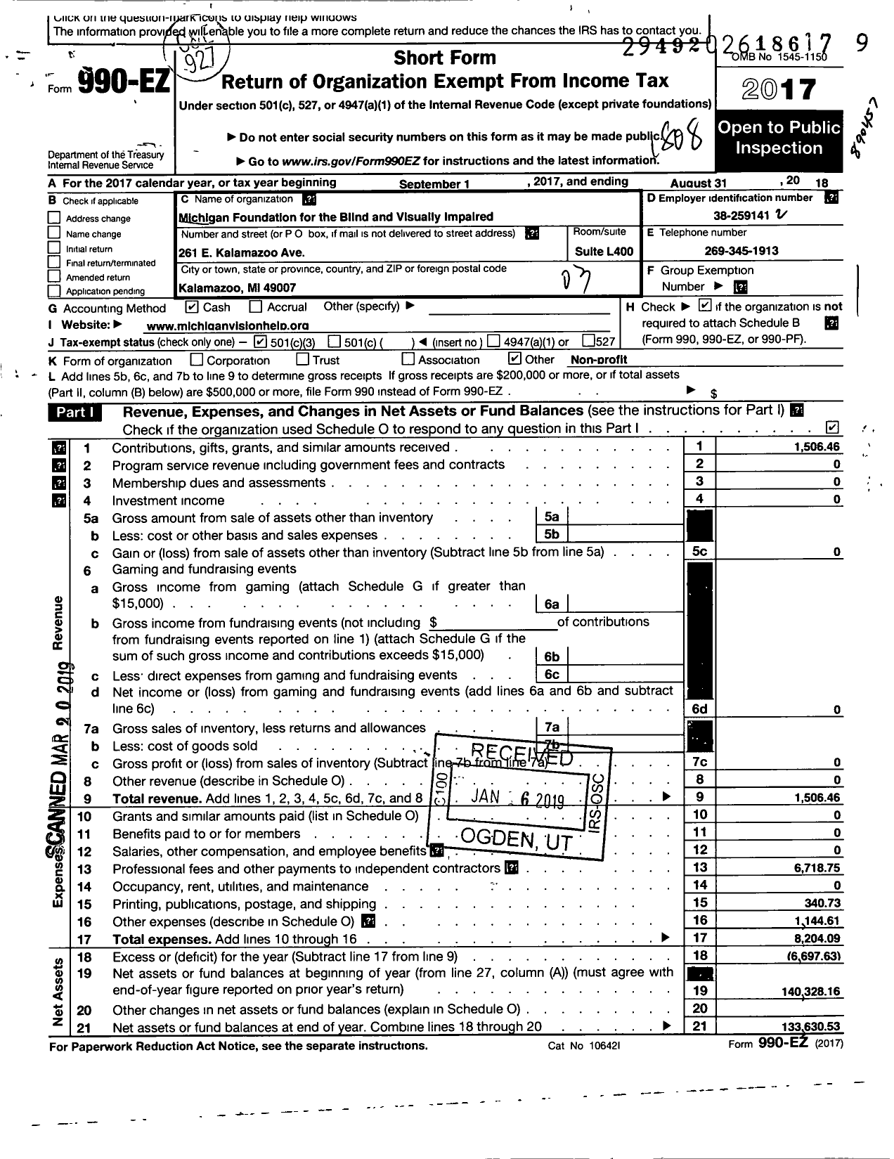 Image of first page of 2017 Form 990EZ for Michigan Foundation for the Blind and Visually Impaired