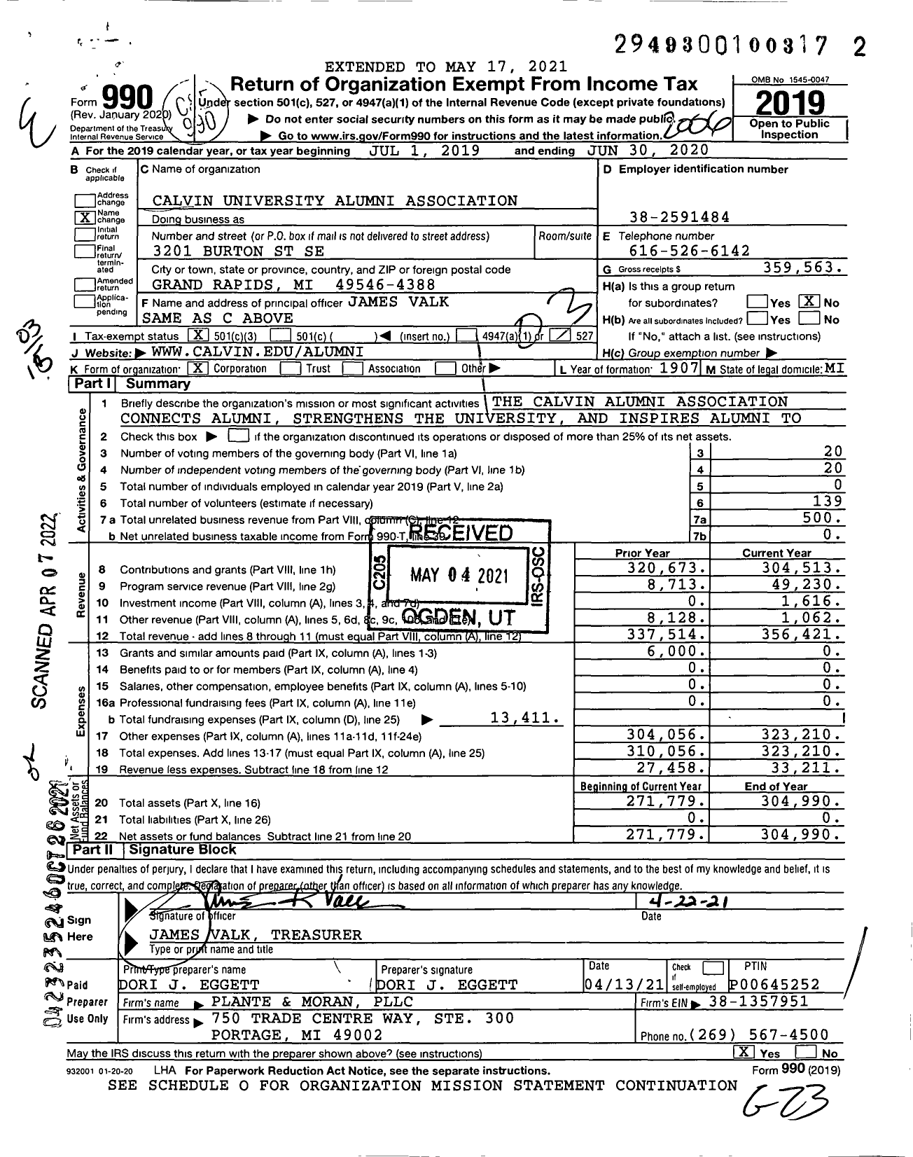 Image of first page of 2019 Form 990 for Calvin University Alumni Association