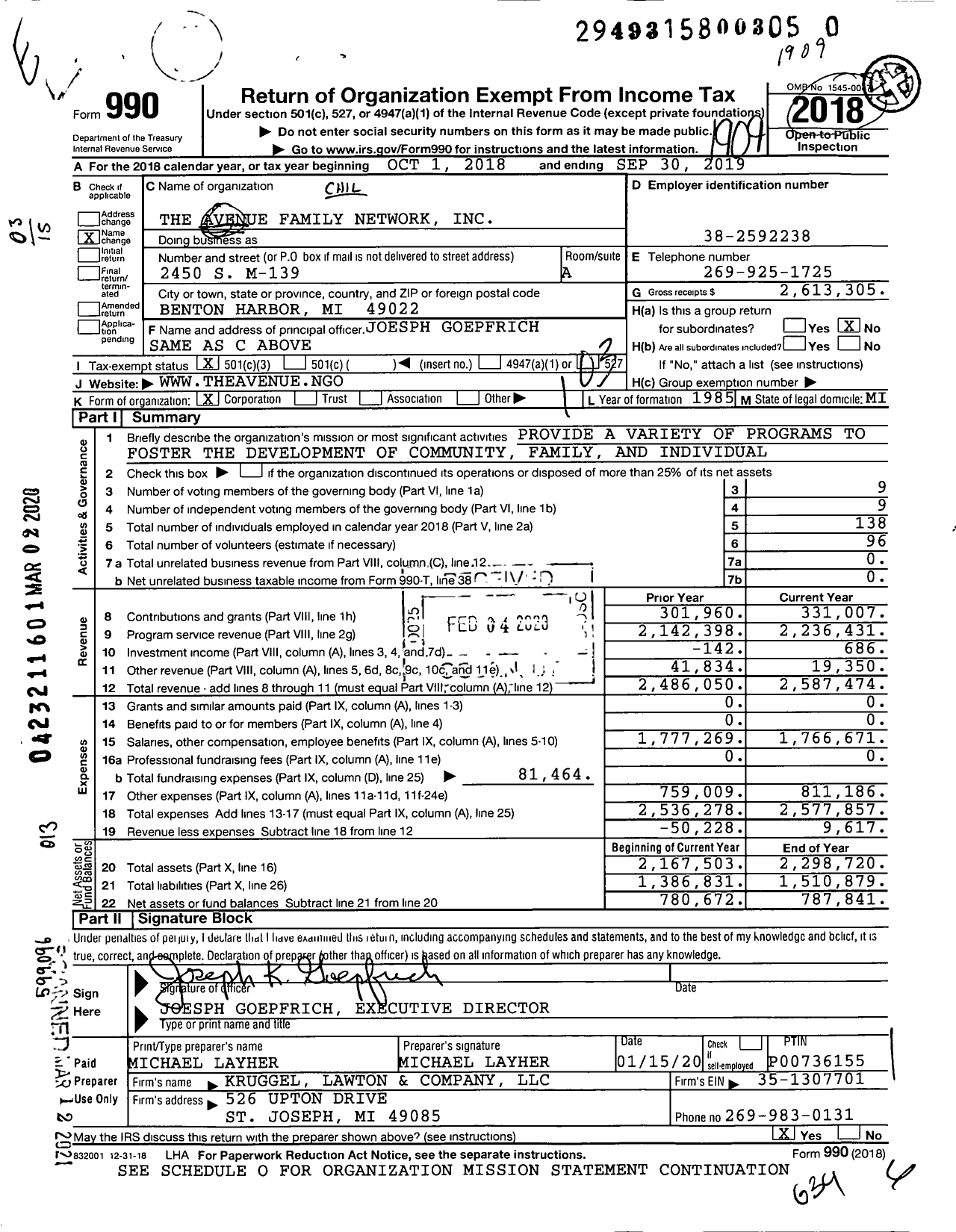 Image of first page of 2018 Form 990 for The Avenue Family Network