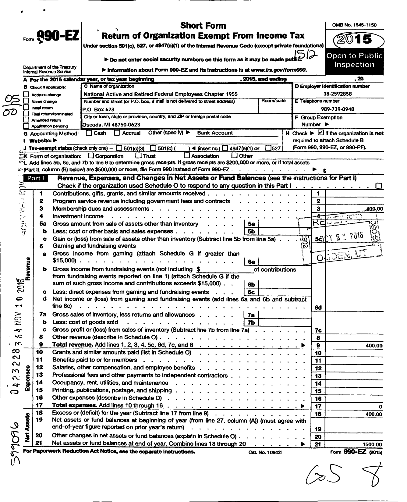 Image of first page of 2015 Form 990EO for National Active and Retired Federal Employees Association - 1955 Mi Chapter