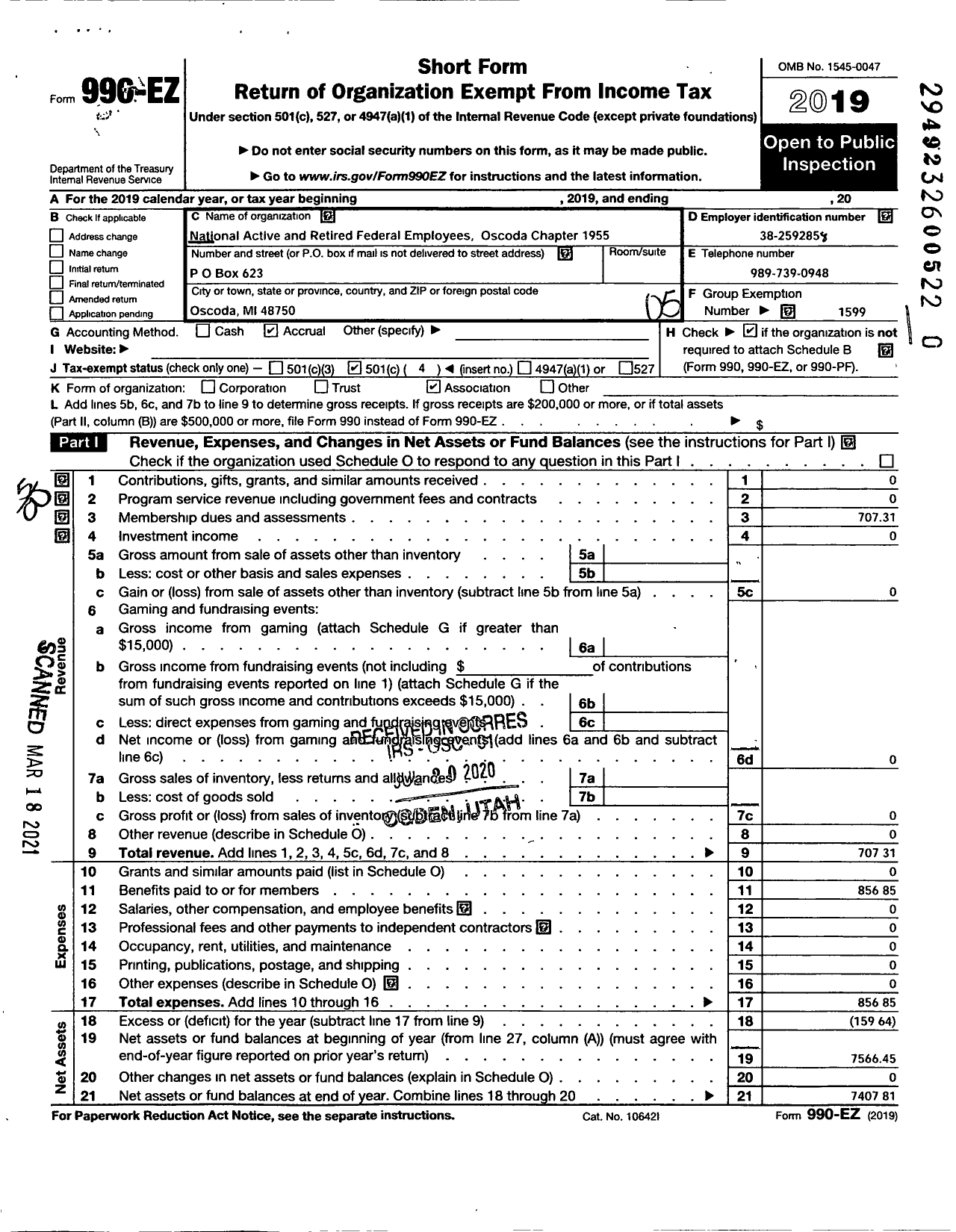 Image of first page of 2019 Form 990EO for National Active and Retired Federal Employees Association - 1955 Mi Chapter