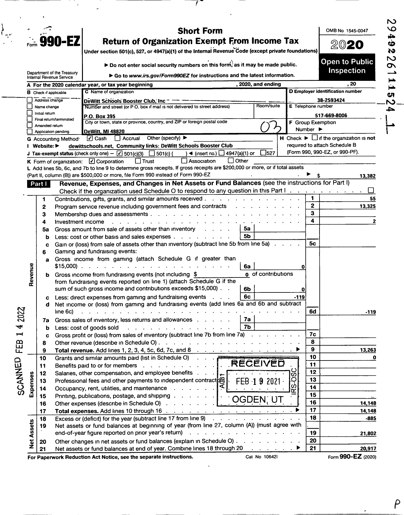 Image of first page of 2020 Form 990EZ for Dewitt Schools Booster Club