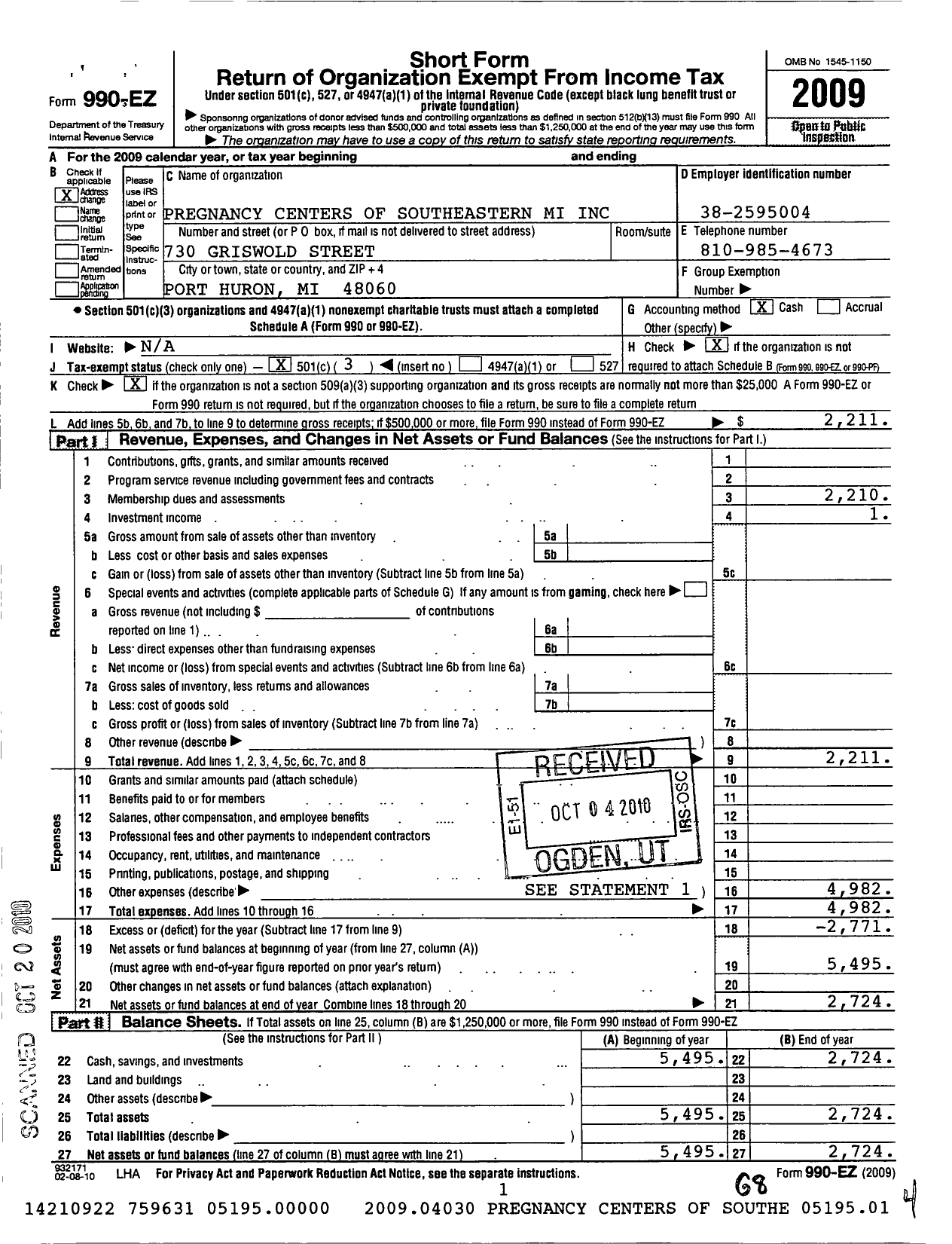 Image of first page of 2009 Form 990EZ for Pregnancy Centers of Southeastern Michigan