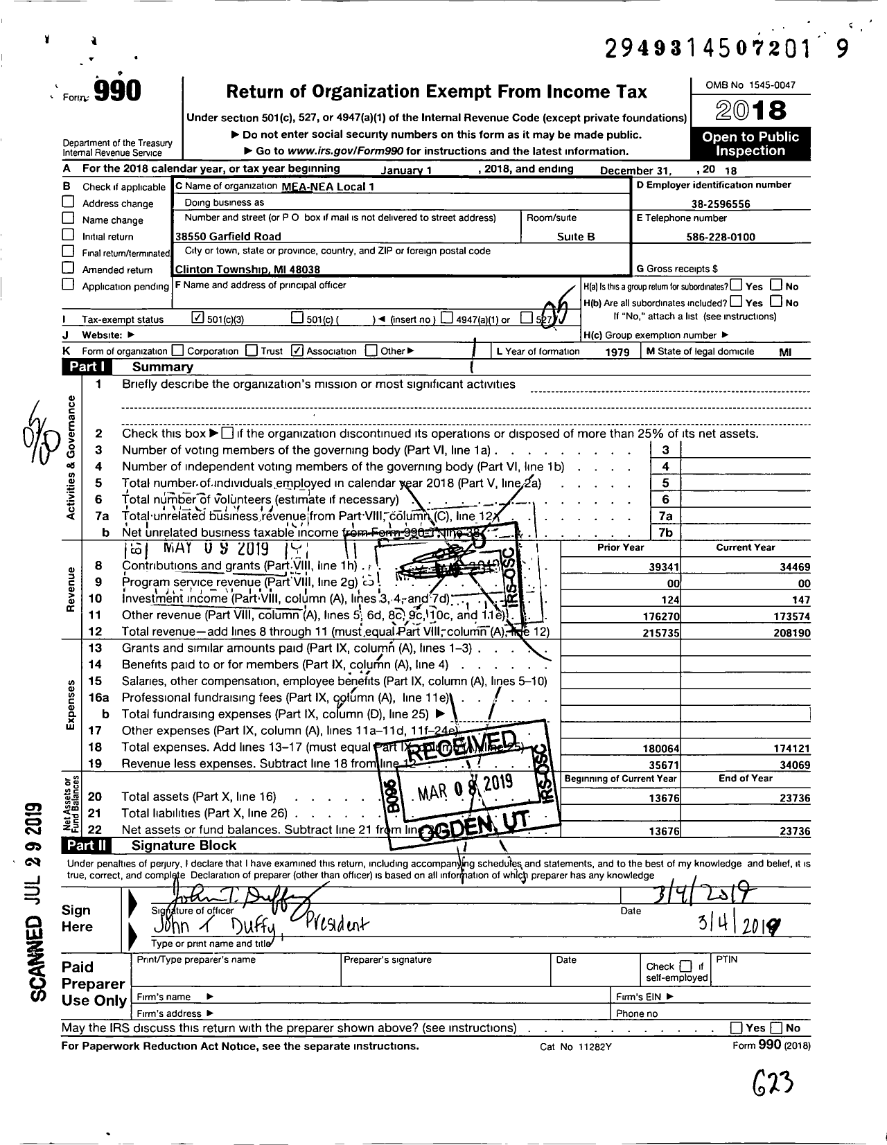Image of first page of 2018 Form 990O for MEA-NEA Local 1
