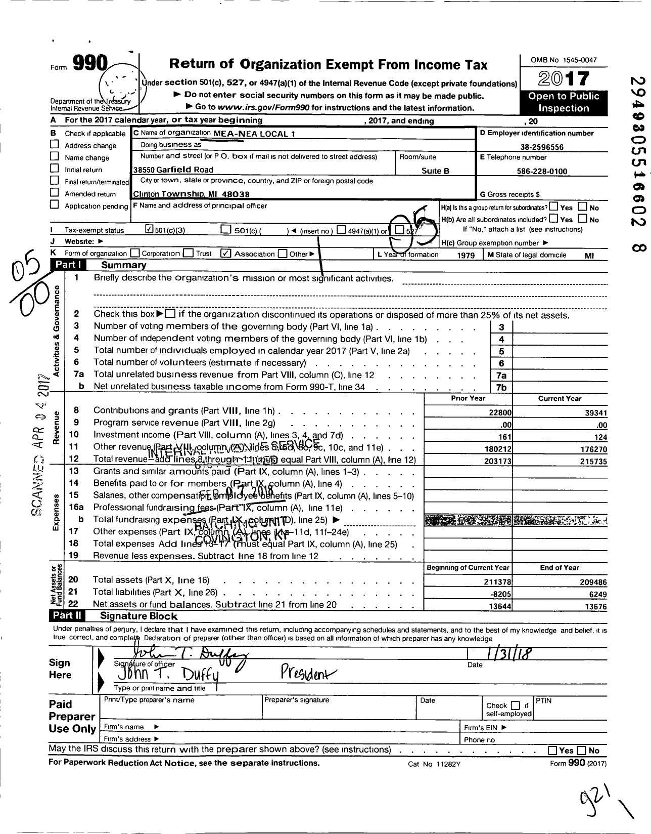 Image of first page of 2017 Form 990O for MEA-NEA Local 1
