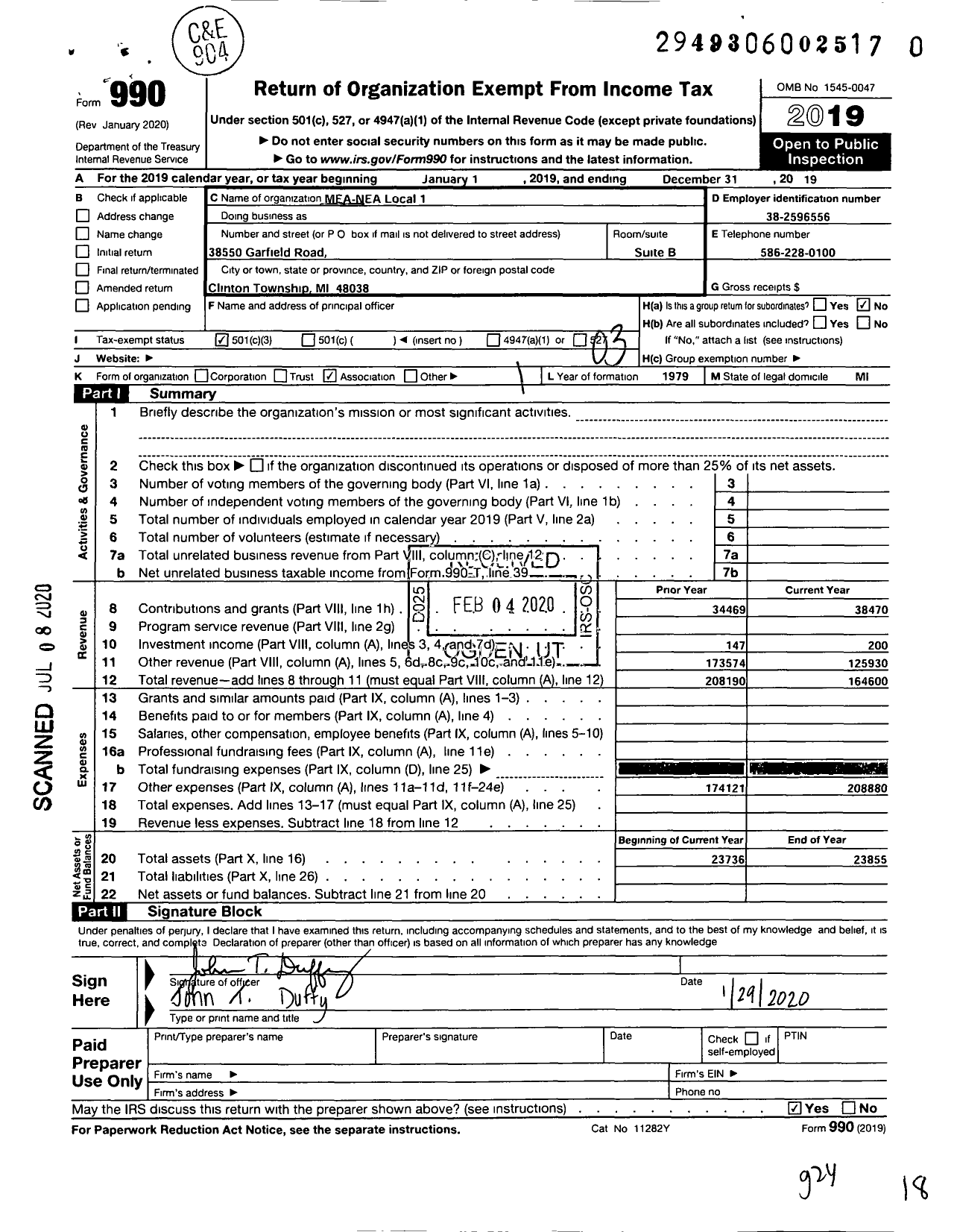 Image of first page of 2019 Form 990 for MEA-NEA Local 1