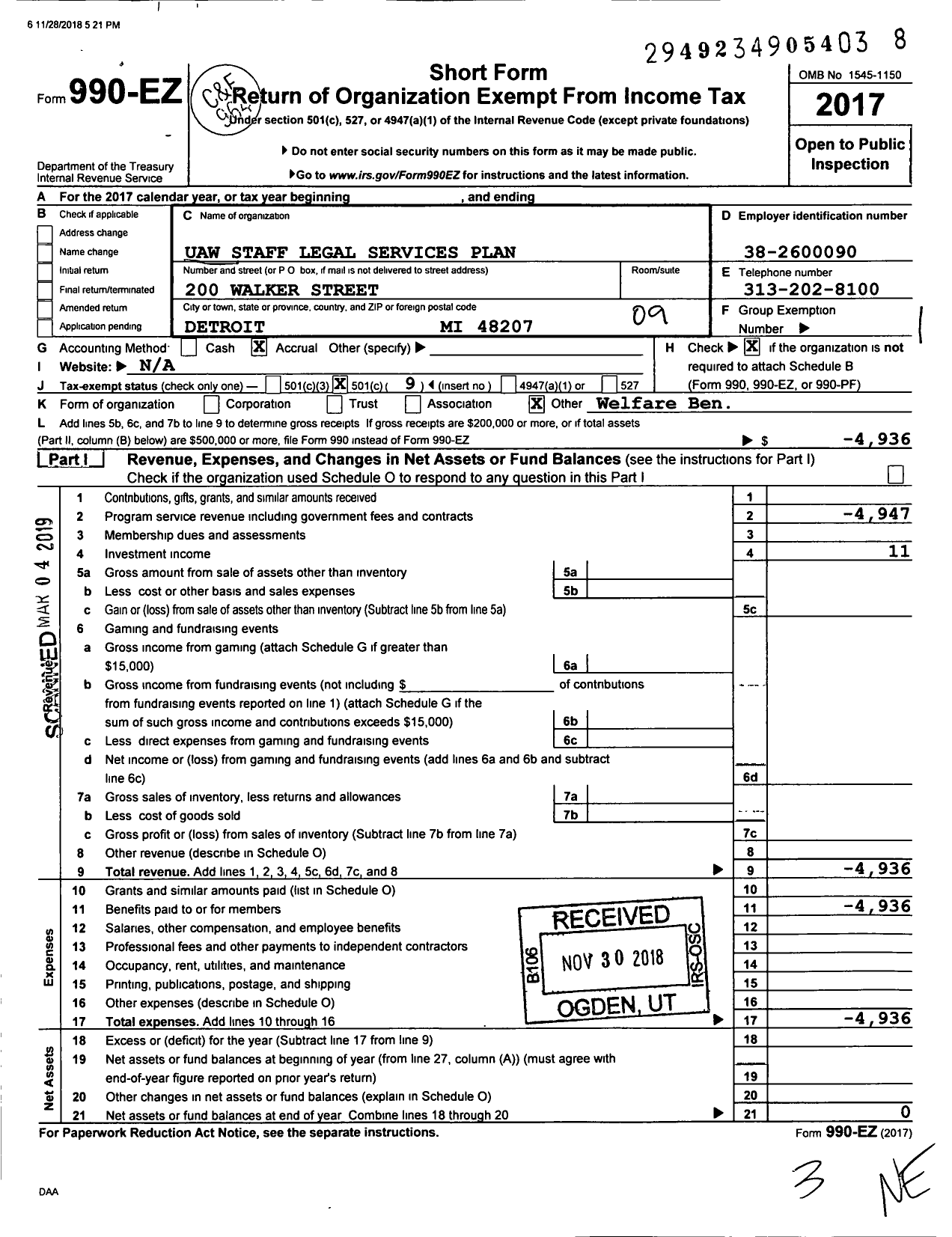 Image of first page of 2017 Form 990EO for Uaw Staff Legal Services Plan