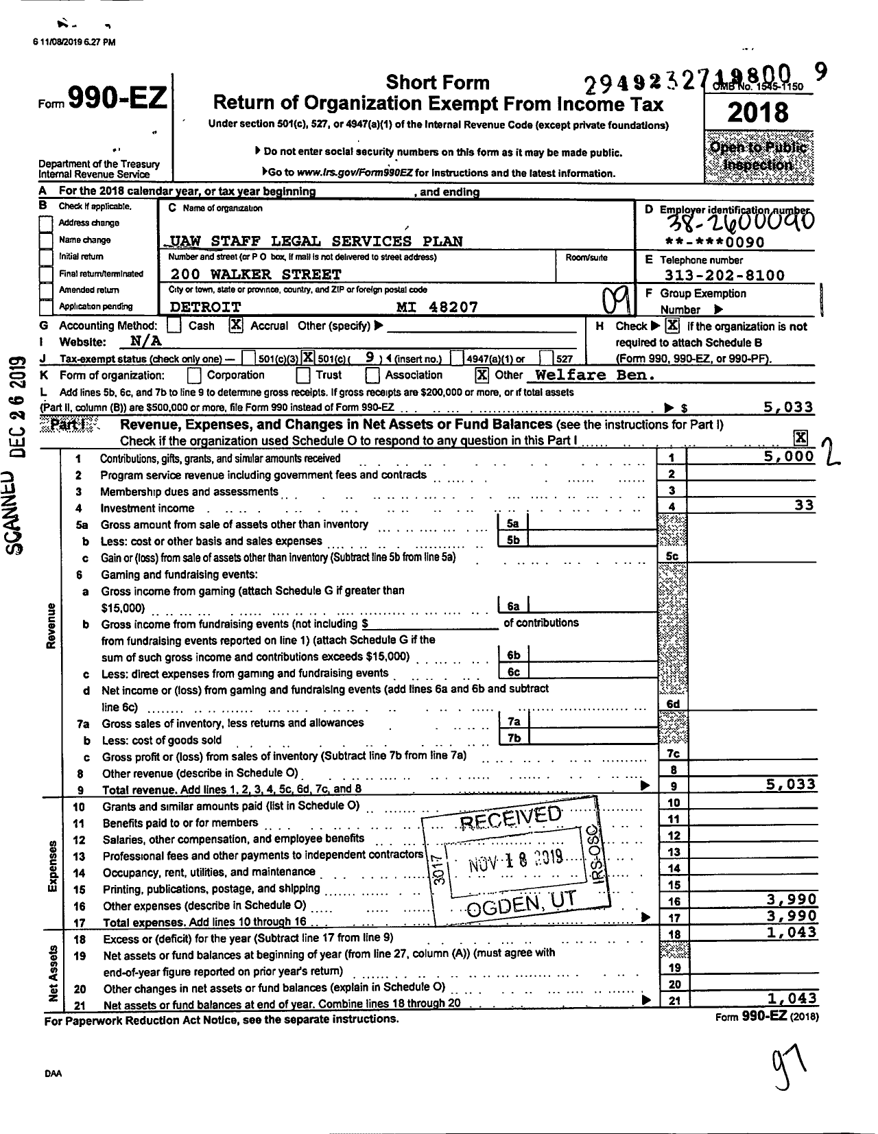 Image of first page of 2018 Form 990EO for Uaw Staff Legal Services Plan