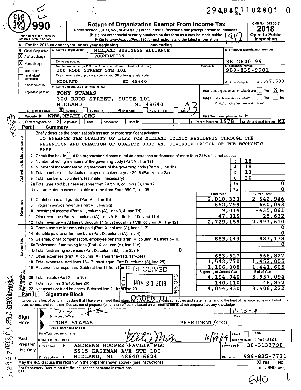 Image of first page of 2018 Form 990 for Midland Business Alliance Foundation
