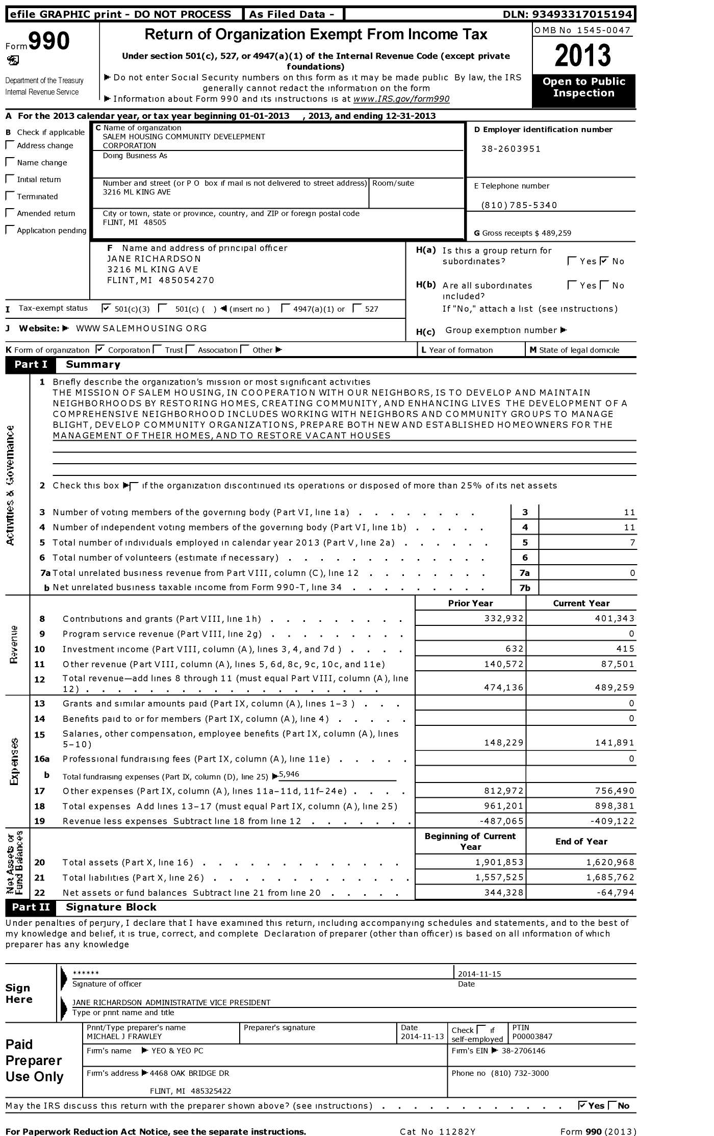 Image of first page of 2013 Form 990 for Salem Housing Community Development Corporation