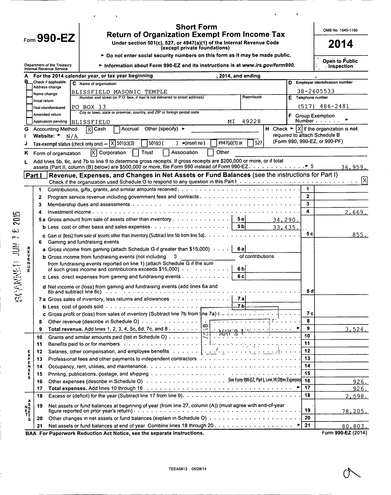 Image of first page of 2014 Form 990EZ for Blissfield Masonic Temple Association Scholarship Fund