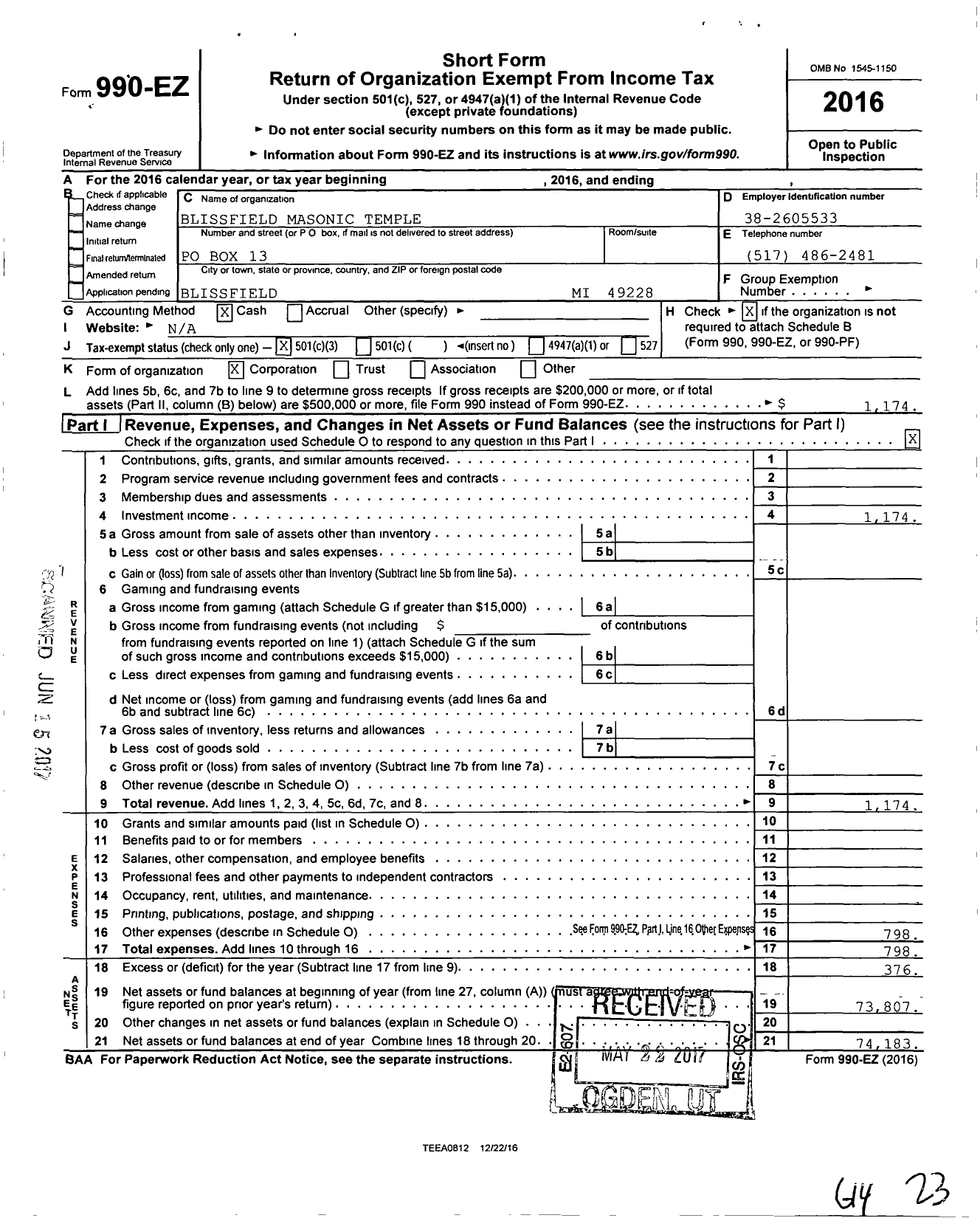 Image of first page of 2016 Form 990EZ for Blissfield Masonic Temple Association Scholarship Fund