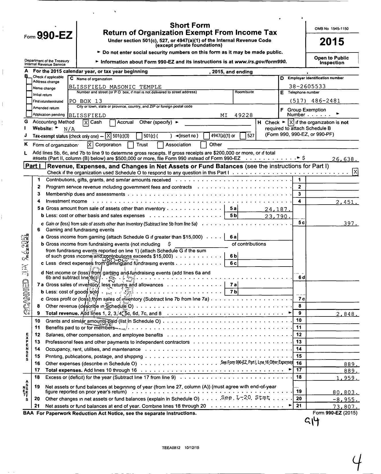 Image of first page of 2015 Form 990EZ for Blissfield Masonic Temple Association Scholarship Fund