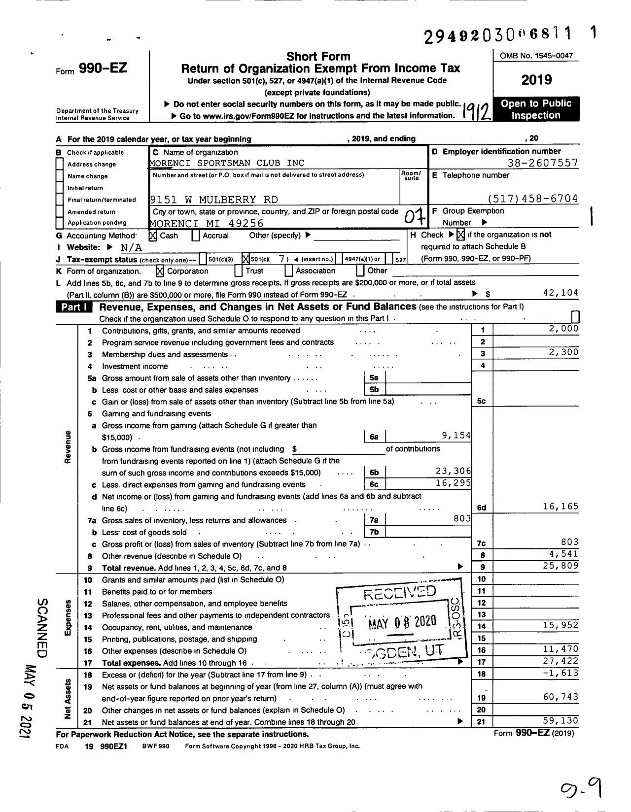 Image of first page of 2019 Form 990EO for Morenci Sportsman Club