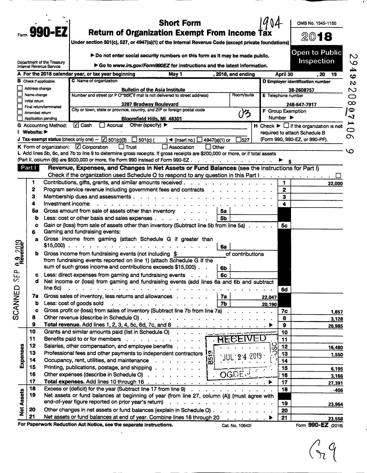 Image of first page of 2018 Form 990EZ for Bulletin of the Asia Institute