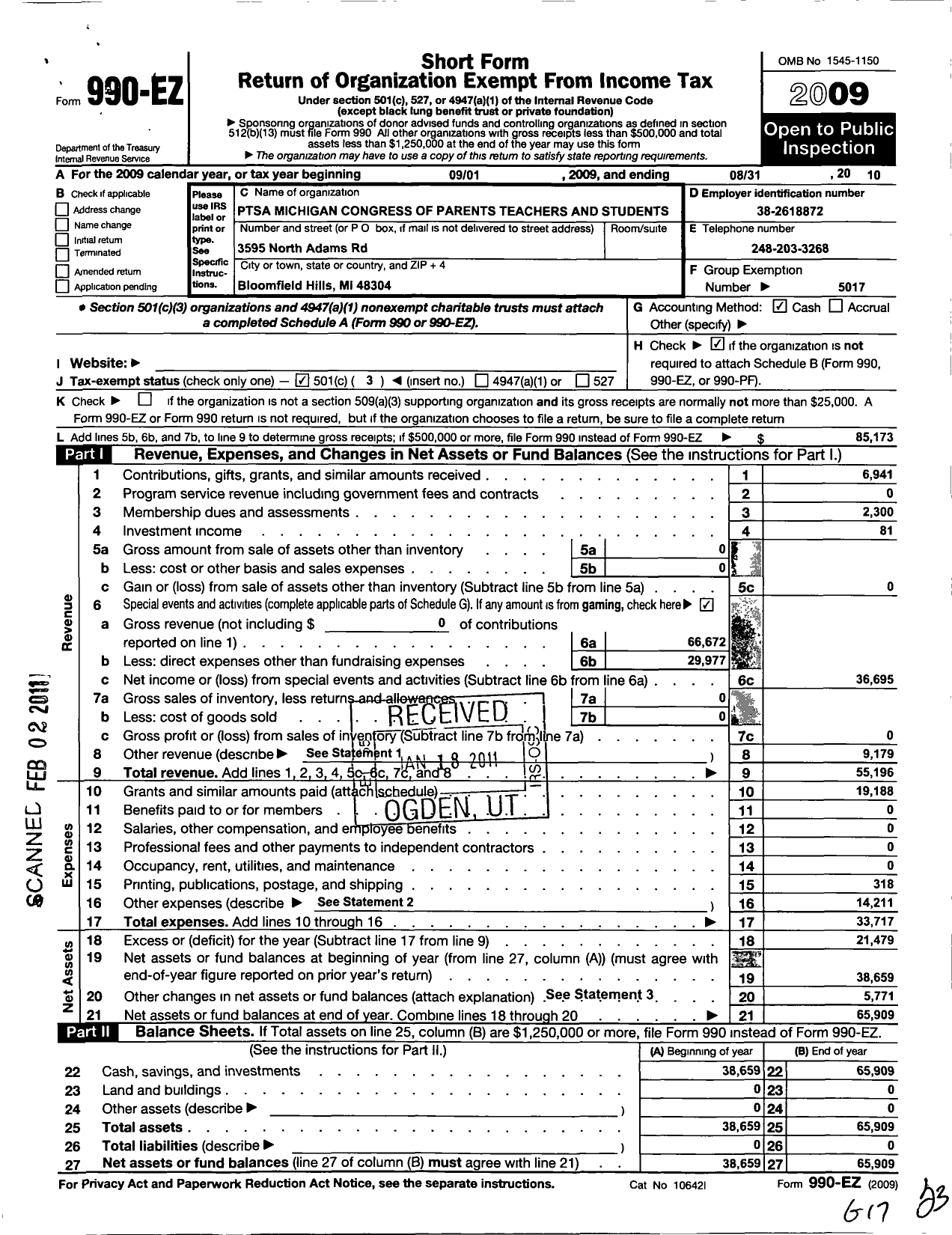 Image of first page of 2009 Form 990EZ for Ptsa Michigan Congress of Parents Teachers and Students / Harlan Elementary PTA