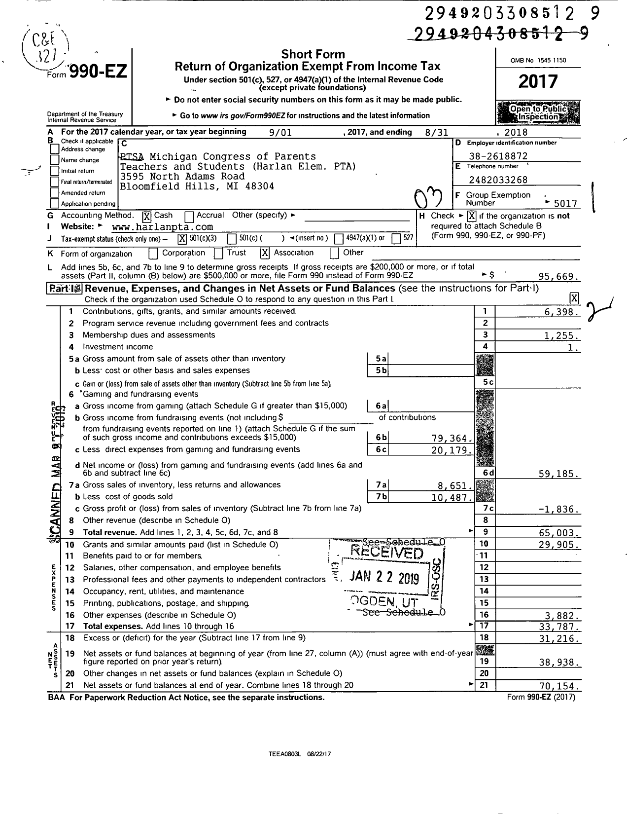 Image of first page of 2017 Form 990EZ for Ptsa Michigan Congress of Parents Teachers and Students / Harlan Elementary PTA