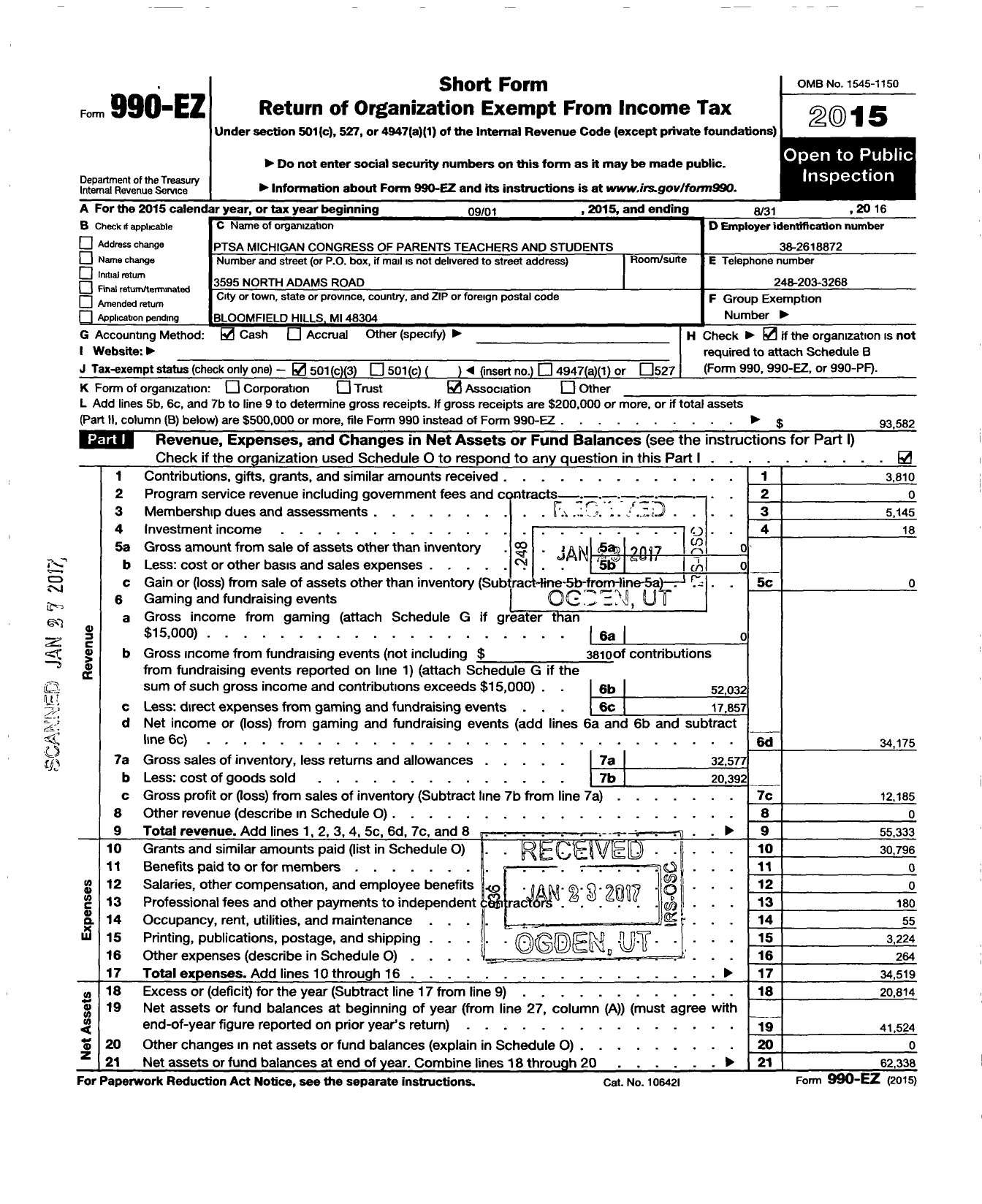 Image of first page of 2015 Form 990EZ for Ptsa Michigan Congress of Parents Teachers and Students / Harlan Elementary PTA