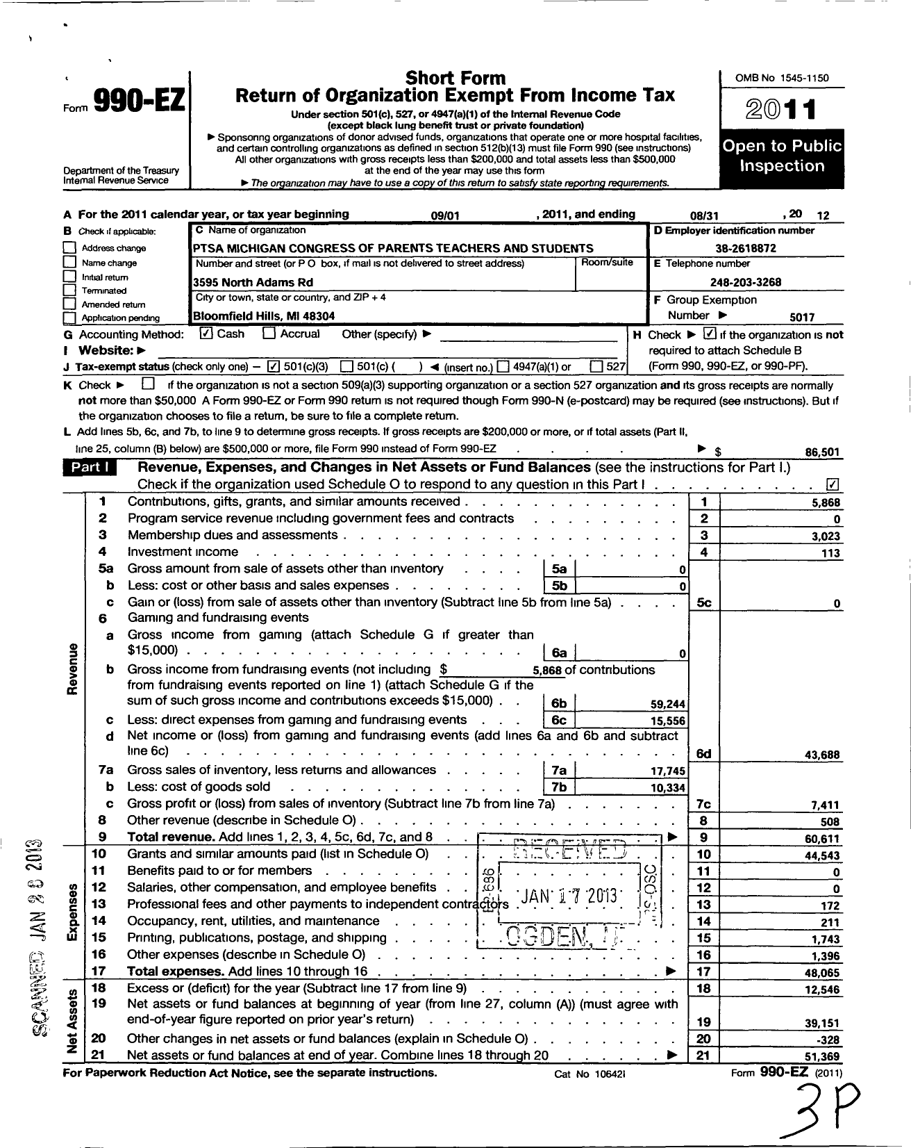 Image of first page of 2011 Form 990EZ for Ptsa Michigan Congress of Parents Teachers and Students / Harlan Elementary PTA