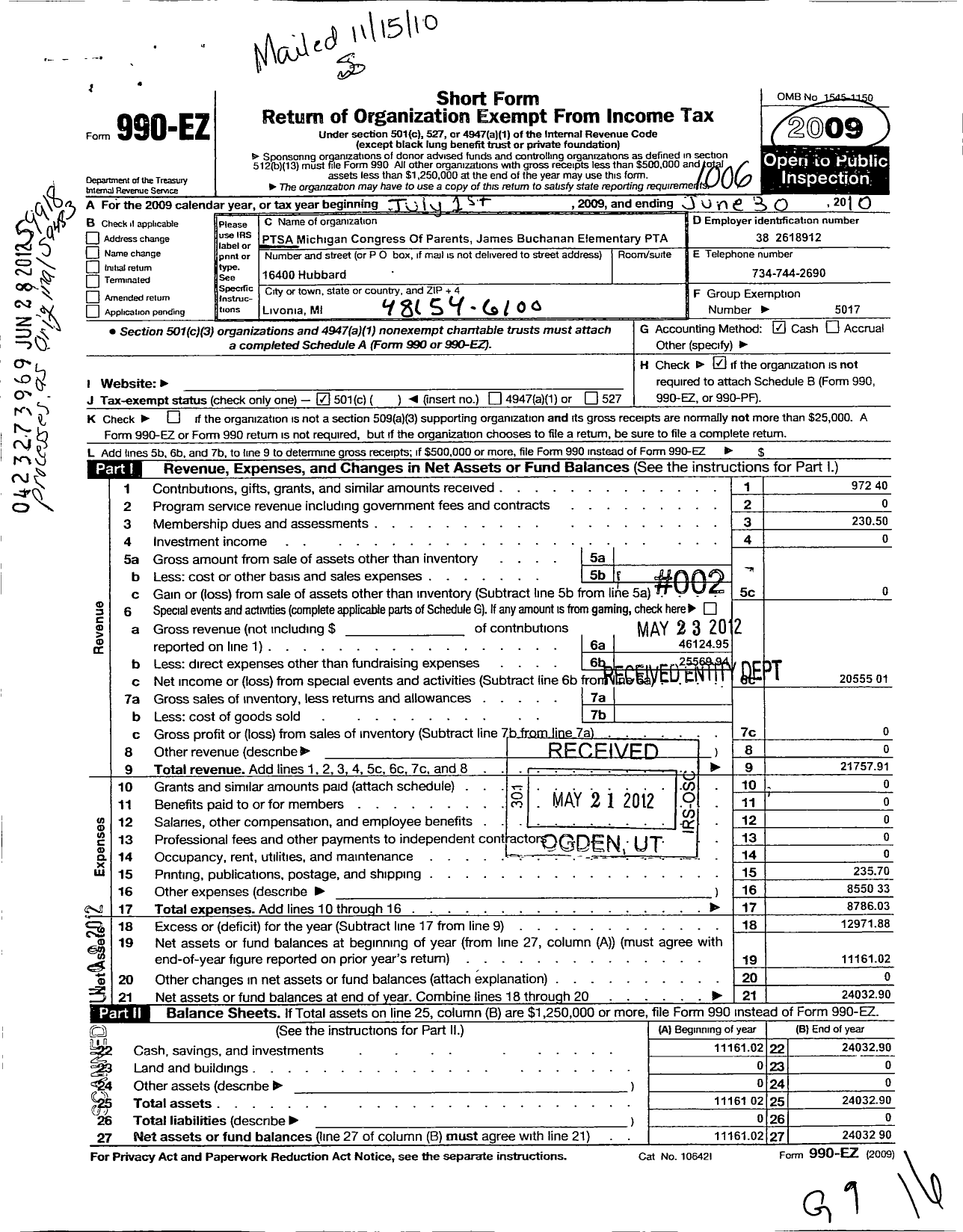 Image of first page of 2009 Form 990EO for Ptsa Michigan Congress of Parents Teachers and Students / James Buchanan Elementary PTA