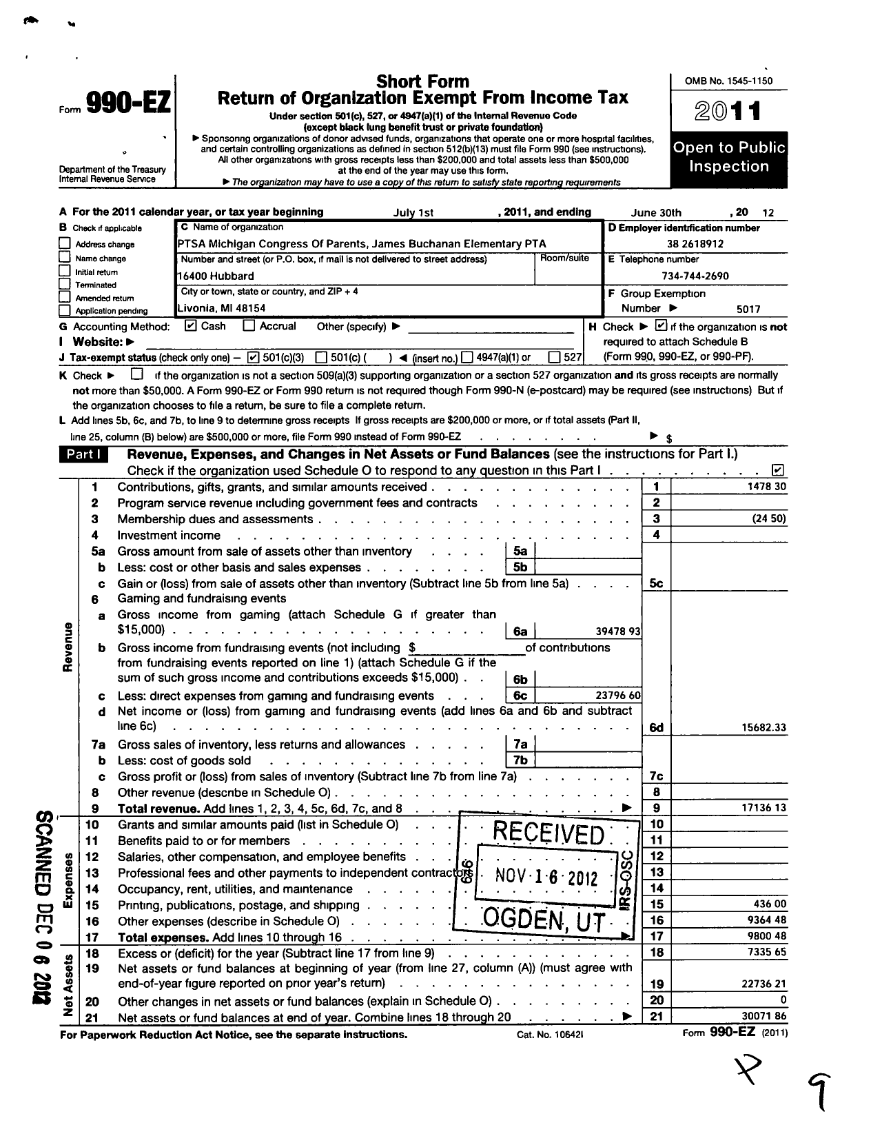 Image of first page of 2011 Form 990EZ for Ptsa Michigan Congress of Parents Teachers and Students / James Buchanan Elementary PTA