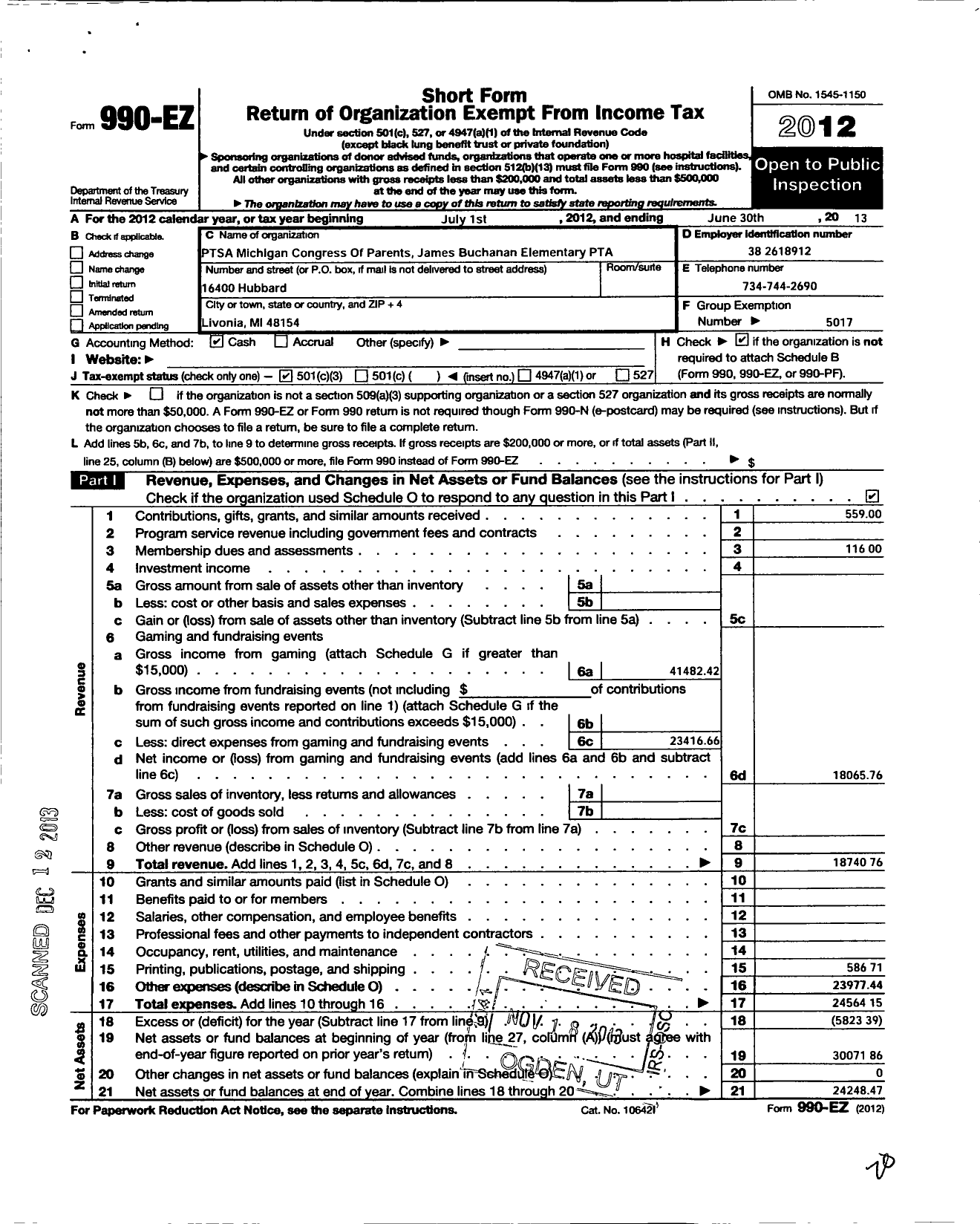 Image of first page of 2012 Form 990EZ for Ptsa Michigan Congress of Parents Teachers and Students / James Buchanan Elementary PTA