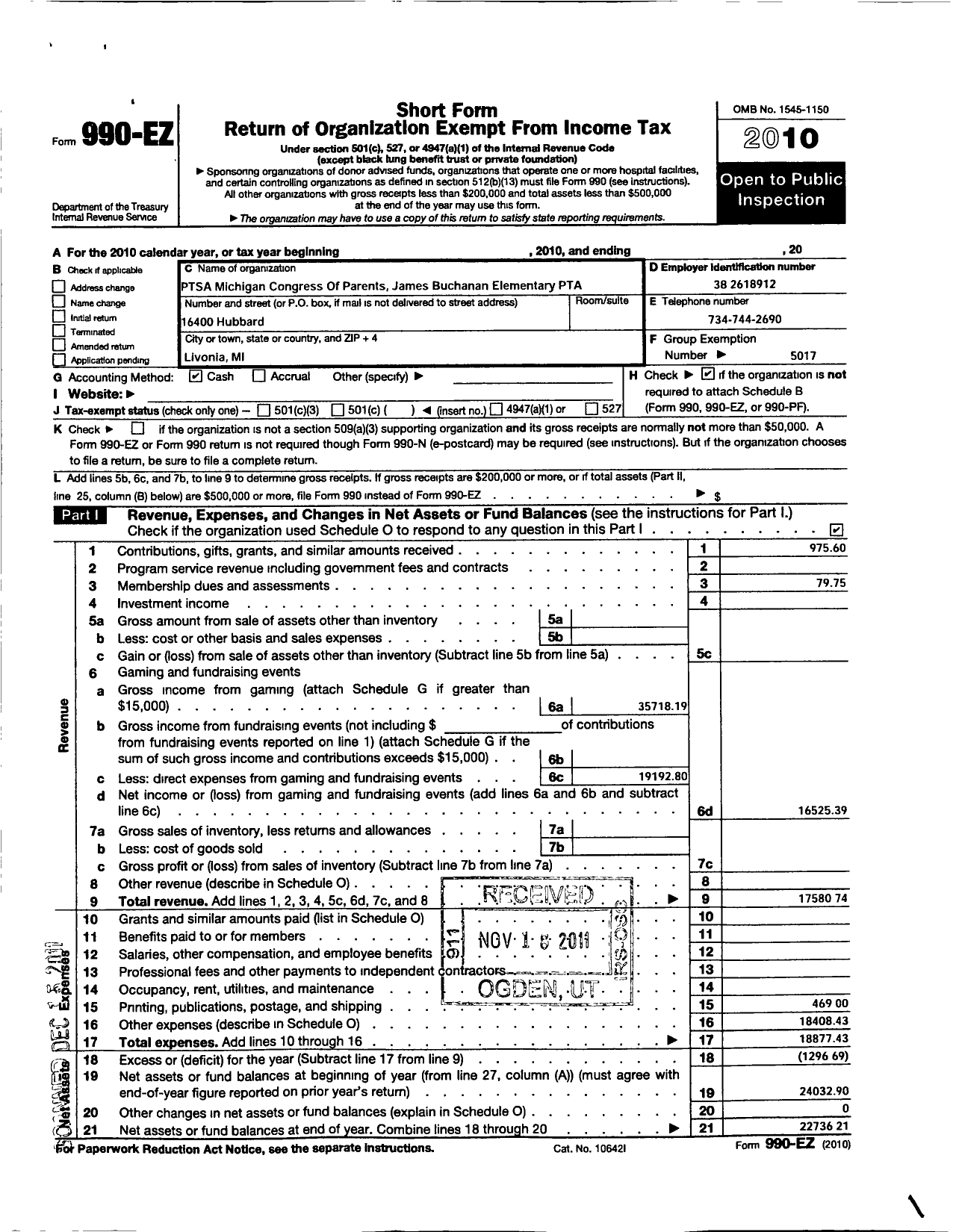 Image of first page of 2010 Form 990EO for Ptsa Michigan Congress of Parents Teachers and Students / James Buchanan Elementary PTA