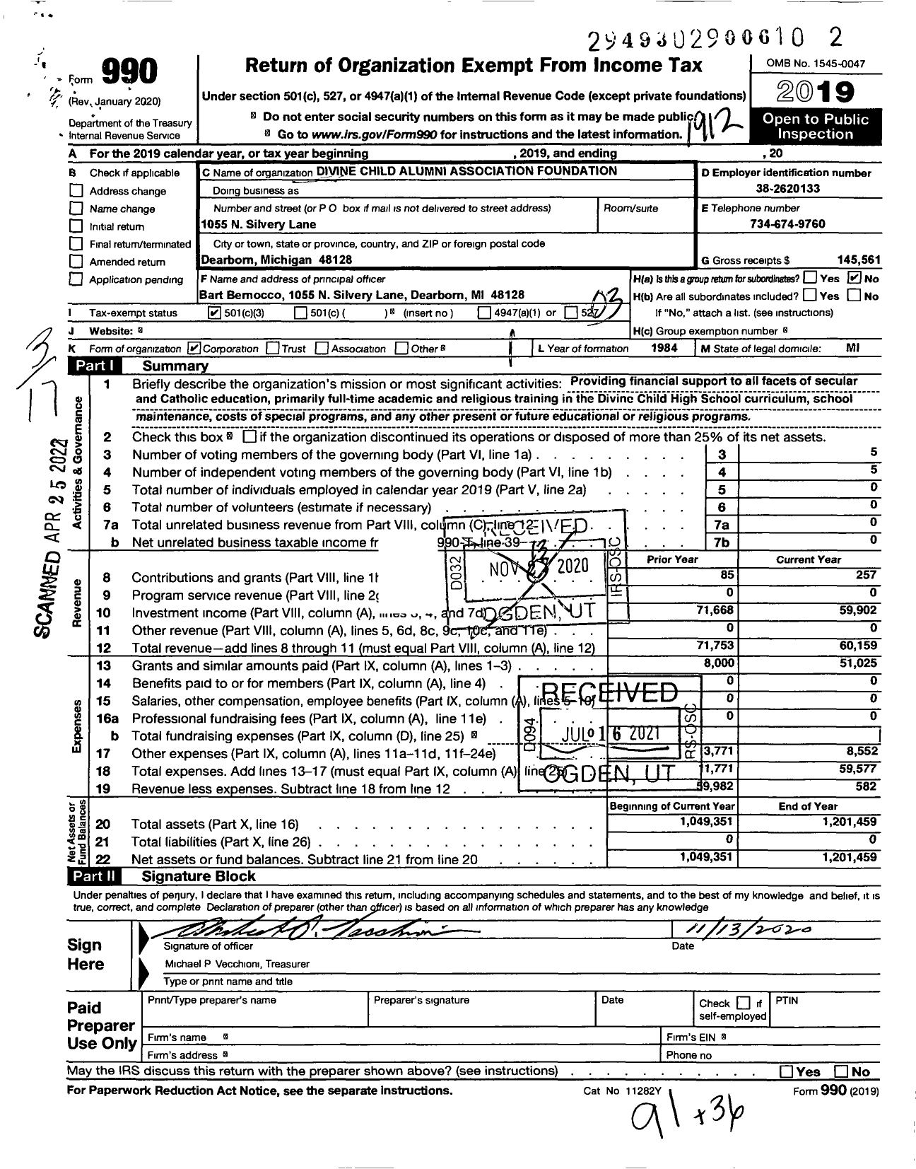 Image of first page of 2019 Form 990 for Divine Child Alumni Association Foundation