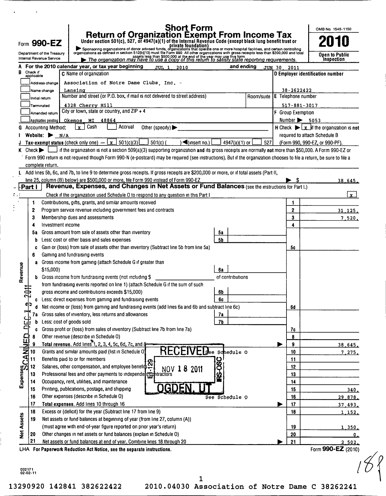 Image of first page of 2010 Form 990EZ for Association of Notre Dame Clubs Inc - Lansing